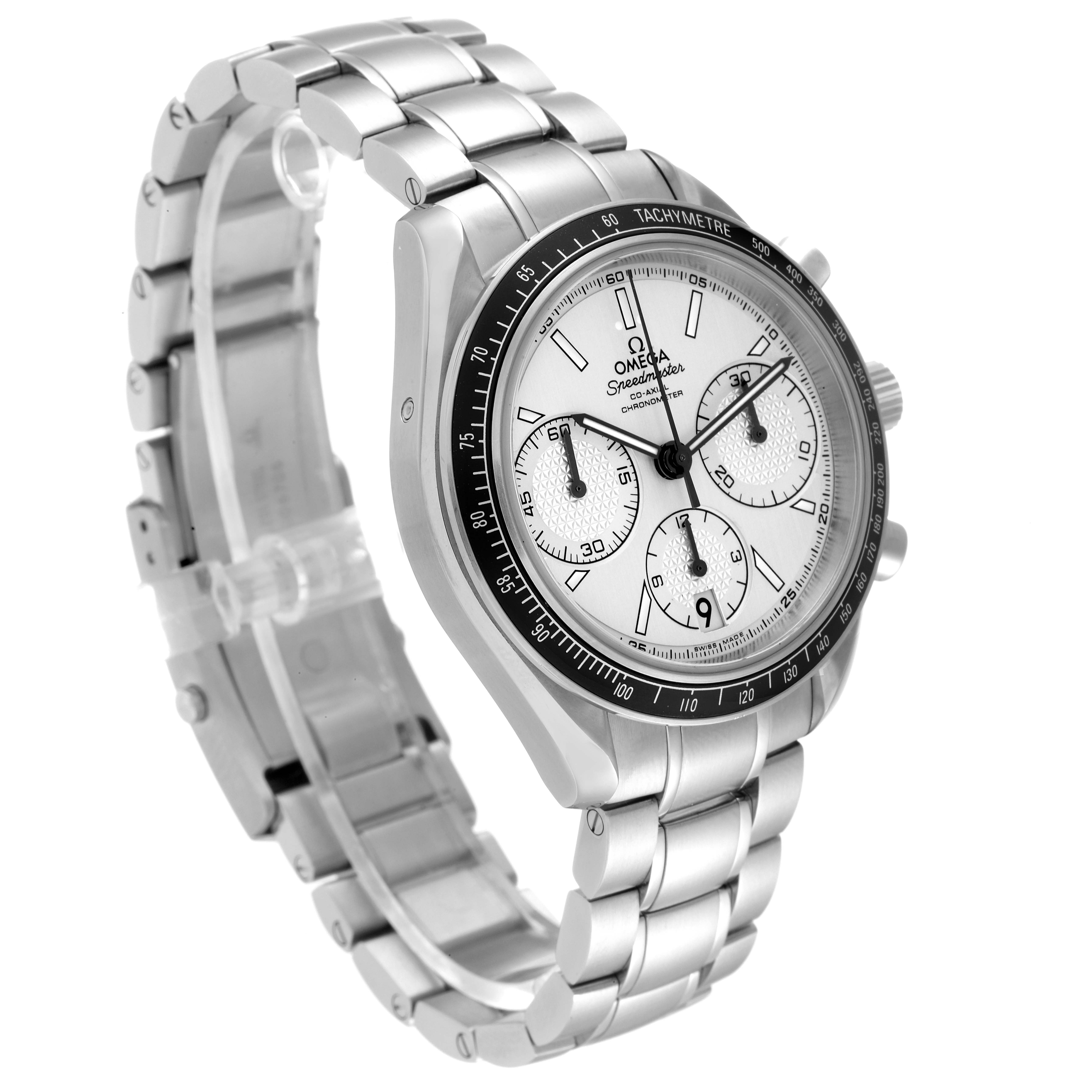 The Omega Speedmaster 326.30.40.50.02.001 Men's Stainless Steel Silver Dial 326.30.40.50.02.001 Men's Stainless Steel Silver Dial watch is shown at a three-quarter angle, highlighting the face, bezel, and metal bracelet.