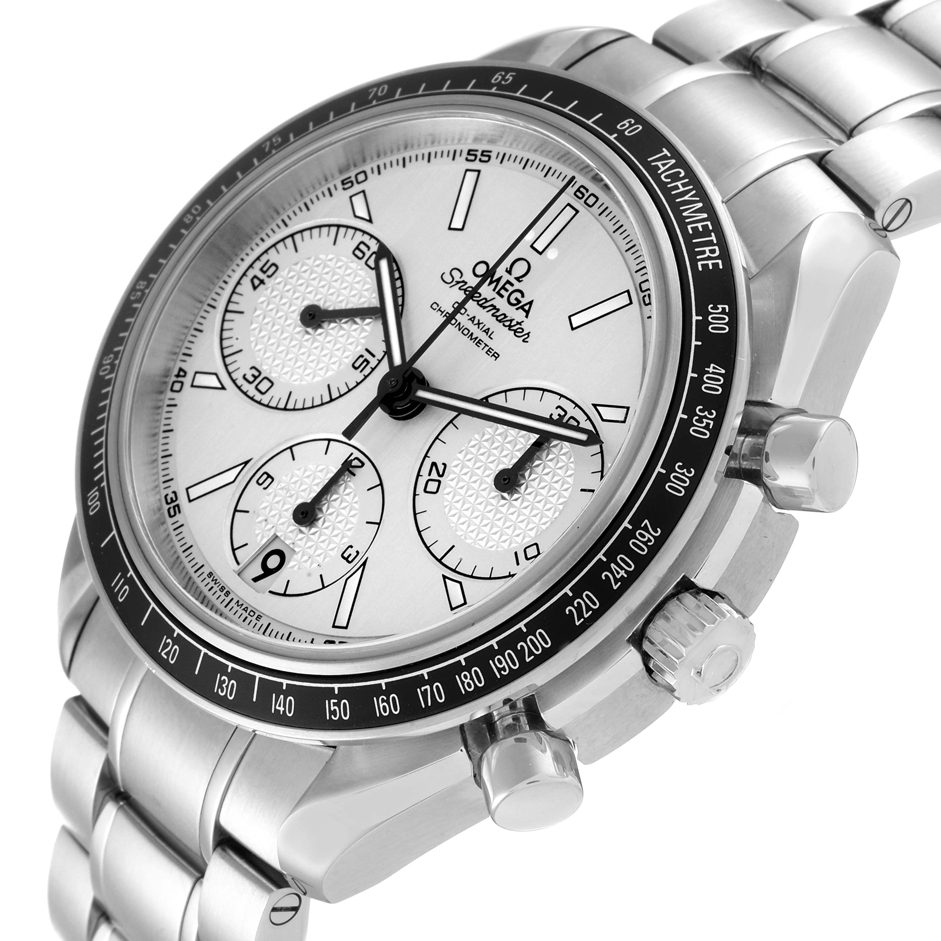 This is a close-up side-angle view of the Omega Speedmaster 326.30.40.50.02.001 Men's Stainless Steel Silver Dial 326.30.40.50.02.001 Men's Stainless Steel Silver Dial watch showcasing its dial, crown, and tachymeter.