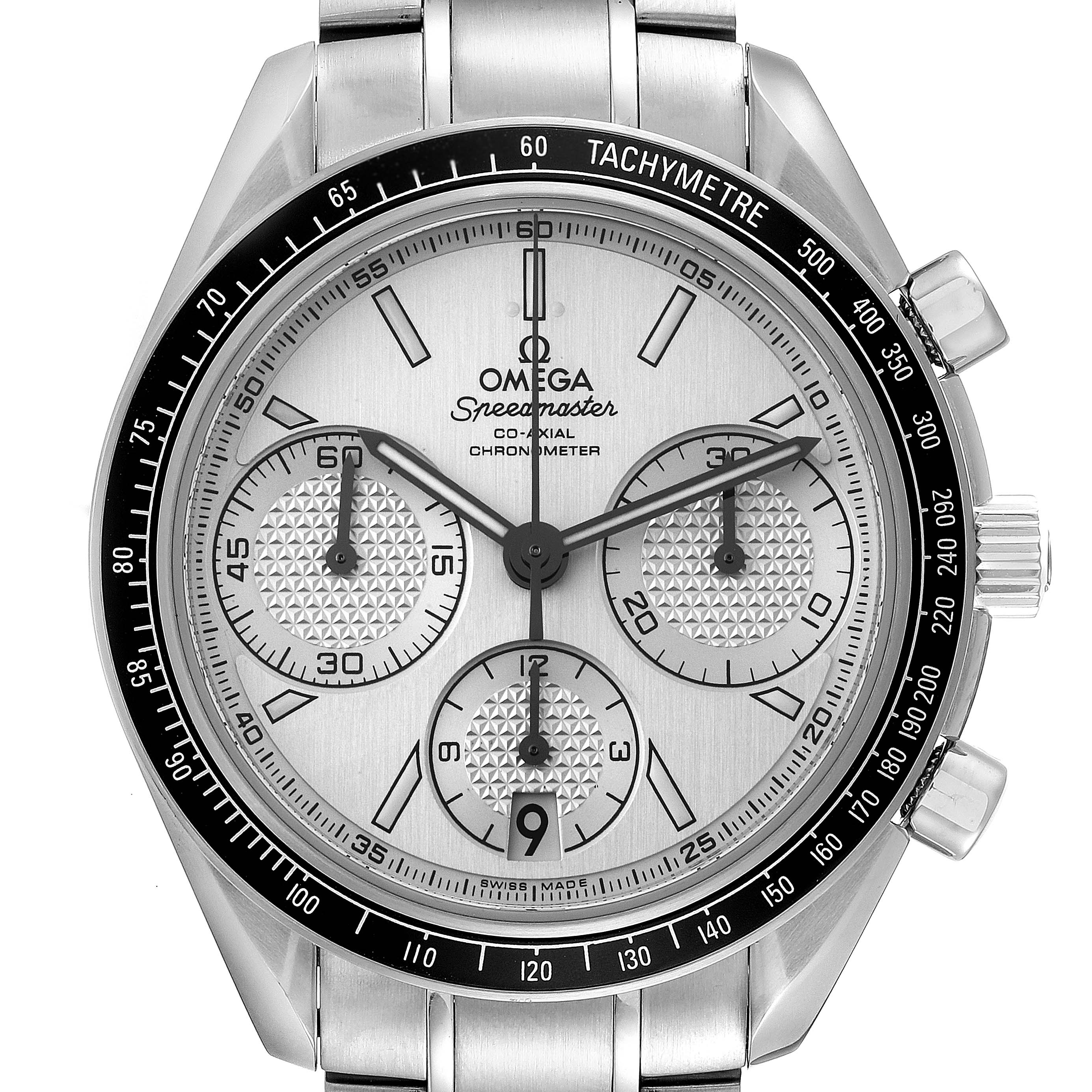 The image shows a frontal close-up of an Omega Speedmaster 326.30.40.50.02.001 Men's Stainless Steel Silver Dial 326.30.40.50.02.001 Men's Stainless Steel Silver Dial watch, highlighting its dial, subdials, tachymeter, and bracelet.