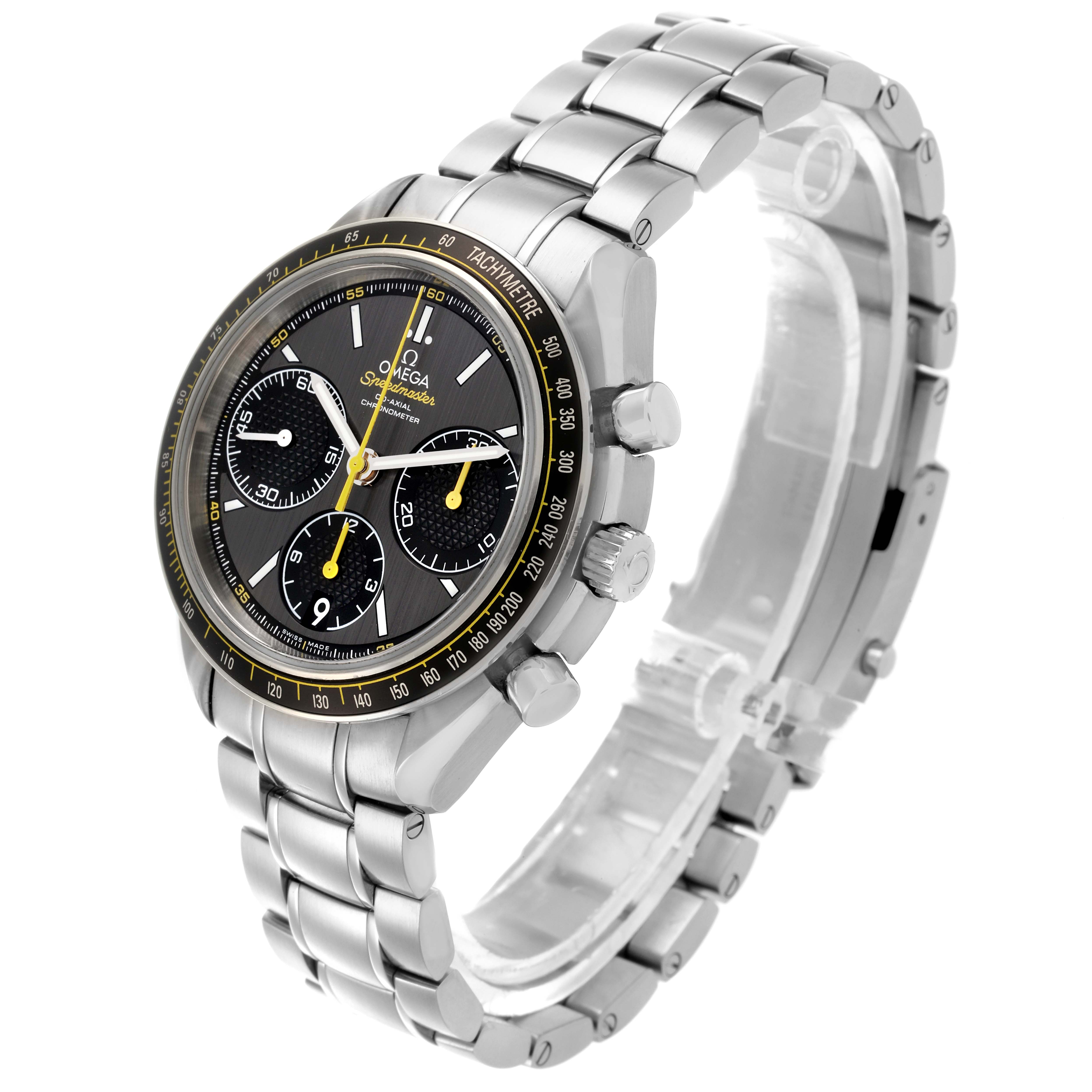 The Omega Speedmaster 326.30.40.50.06.001 Men's Stainless Steel Grey Dial 326.30.40.50.06.001 Men's Stainless Steel Grey Dial watch is shown at a three-quarter angle, highlighting the dial, bezel, case, crown, and bracelet.