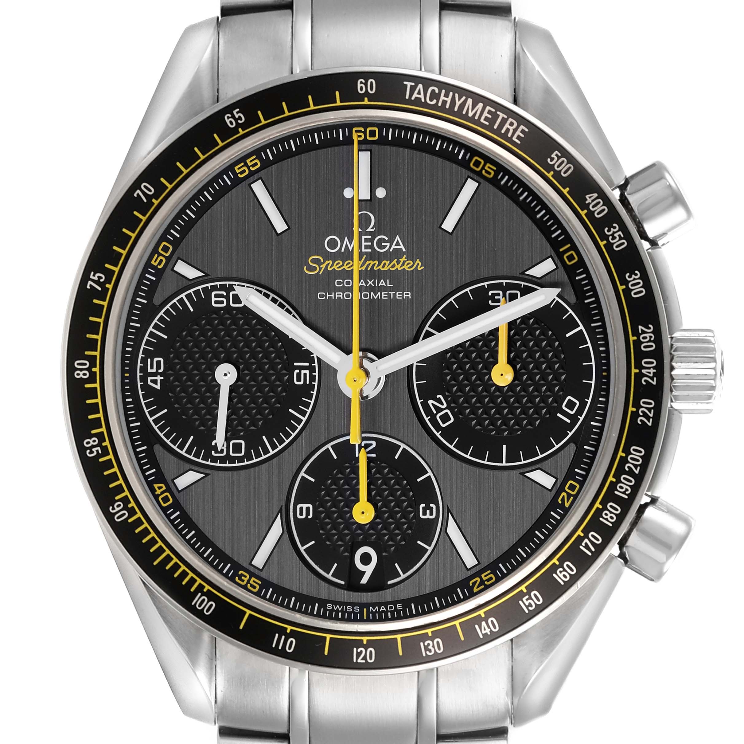 The Omega Speedmaster 326.30.40.50.06.001 Men's Stainless Steel Grey Dial 326.30.40.50.06.001 Men's Stainless Steel Grey Dial watch is shown from the front, displaying the dial, bezel, case, and part of the bracelet.