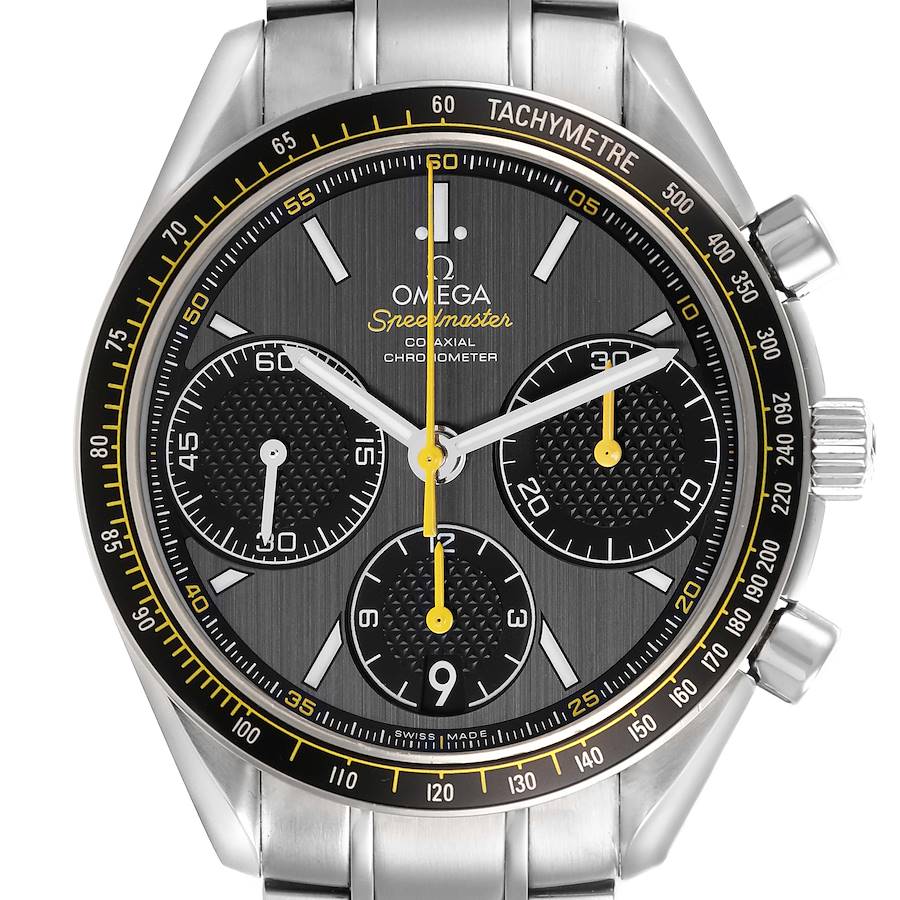 The Omega Speedmaster watch is shown from the front, displaying the dial, bezel, case, and part of the bracelet.