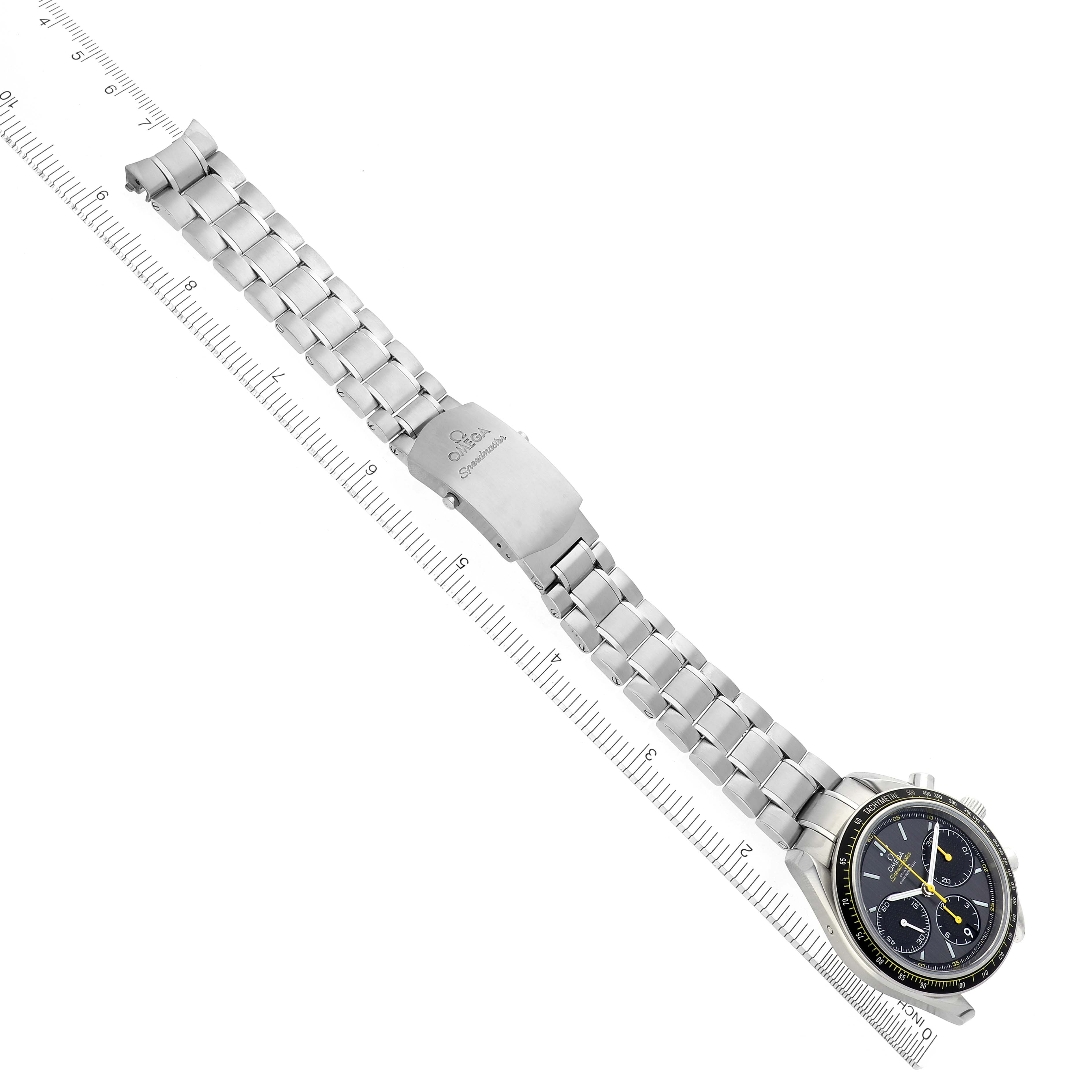 The Omega Speedmaster 326.30.40.50.06.001 Men's Stainless Steel Grey Dial 326.30.40.50.06.001 Men's Stainless Steel Grey Dial watch is shown from a top angle, highlighting the face and bracelet with clasp.