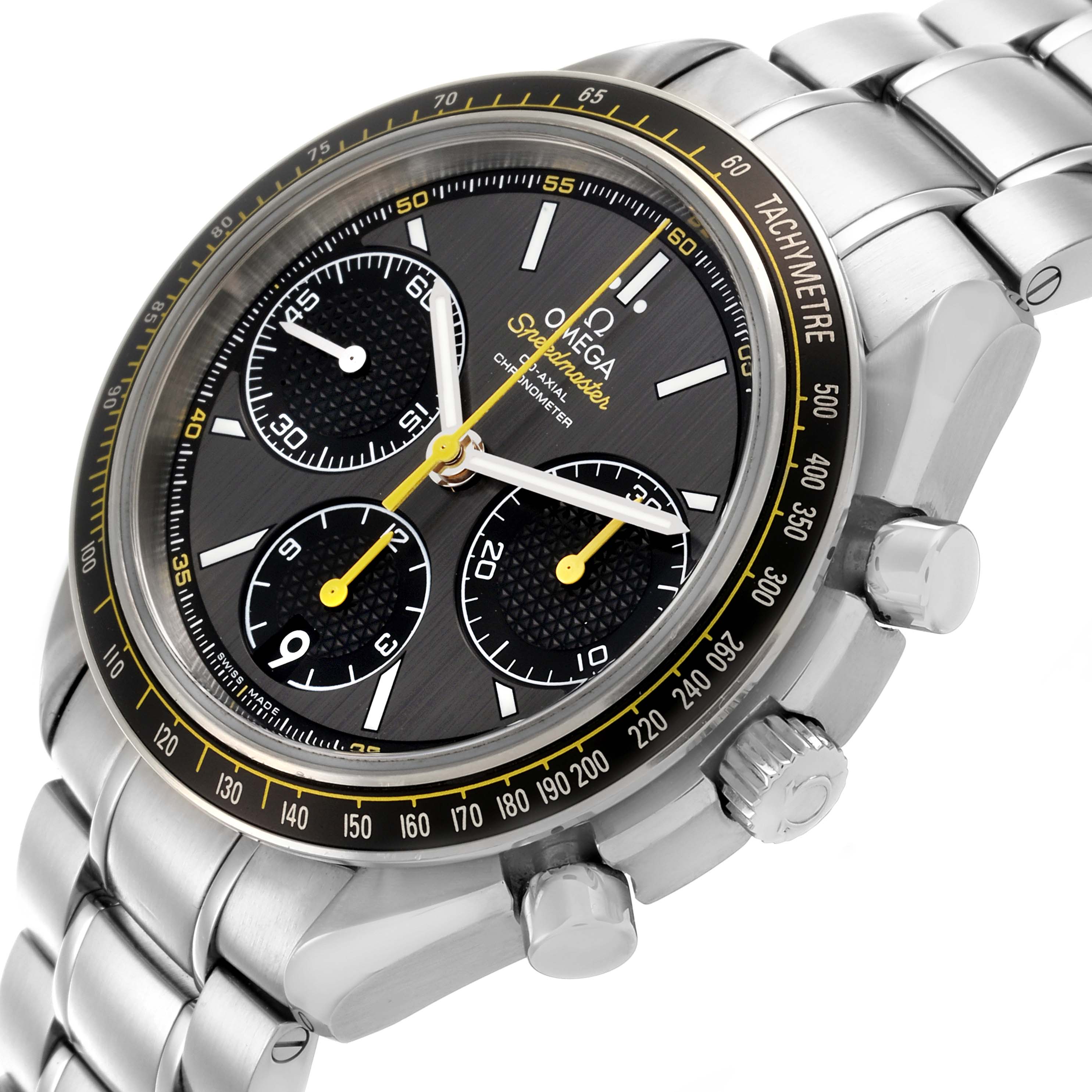 The Omega Speedmaster 326.30.40.50.06.001 Men's Stainless Steel Grey Dial 326.30.40.50.06.001 Men's Stainless Steel Grey Dial watch is shown from a side angle, highlighting the face, bezel, crown, and bracelet.