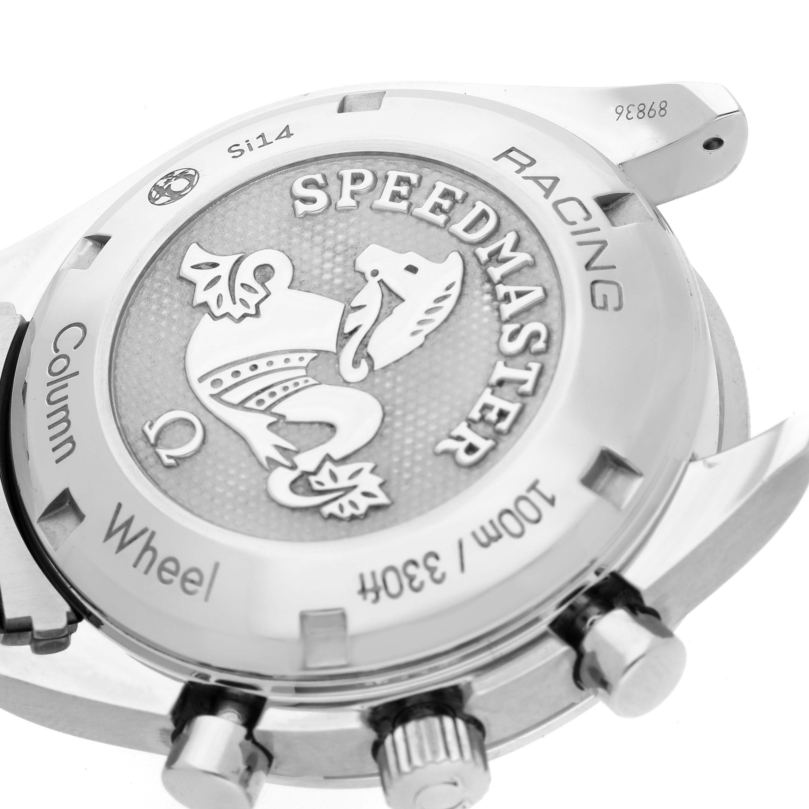 The image shows the case back of an Omega Speedmaster 326.30.40.50.06.001 Men's Stainless Steel Grey Dial 326.30.40.50.06.001 Men's Stainless Steel Grey Dial Racing watch, highlighting the engraved design and branding.