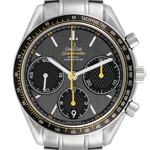 The Omega Speedmaster watch is shown from the front, highlighting the dial, subdials, tachymeter bezel, and stainless steel bracelet.