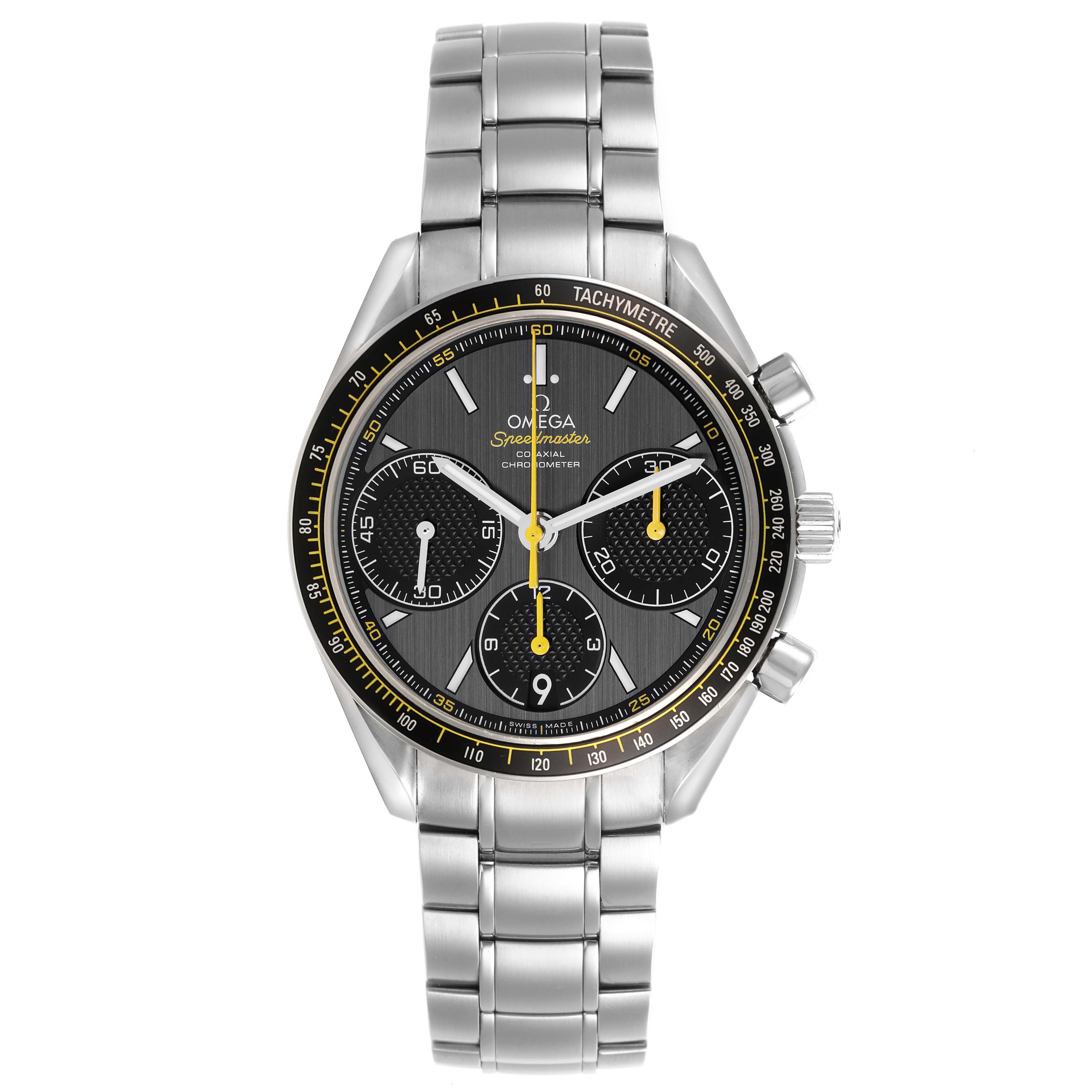The Omega Speedmaster 326.30.40.50.06.001 Men's Stainless Steel Grey Dial 326.30.40.50.06.001 Men's Stainless Steel Grey Dial is shown from a top angle, displaying the face, tachymeter bezel, and stainless steel bracelet.