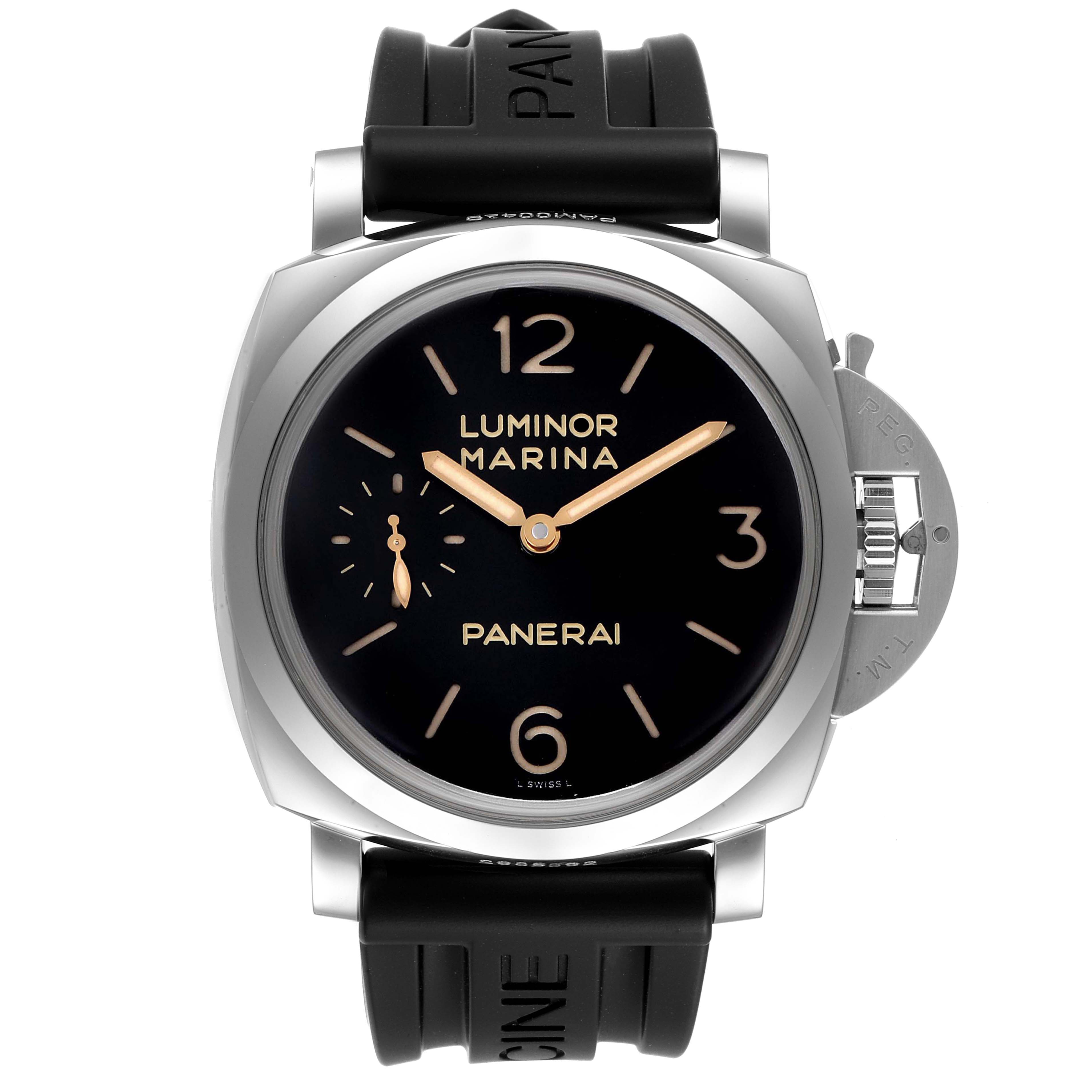 The image shows a front view of the Panerai Luminor PAM00422 Men
s Stainless Steel Black Dial PAM00422 Men
s Stainless Steel Black Dial watch displaying its dial, hands, and rubber strap.