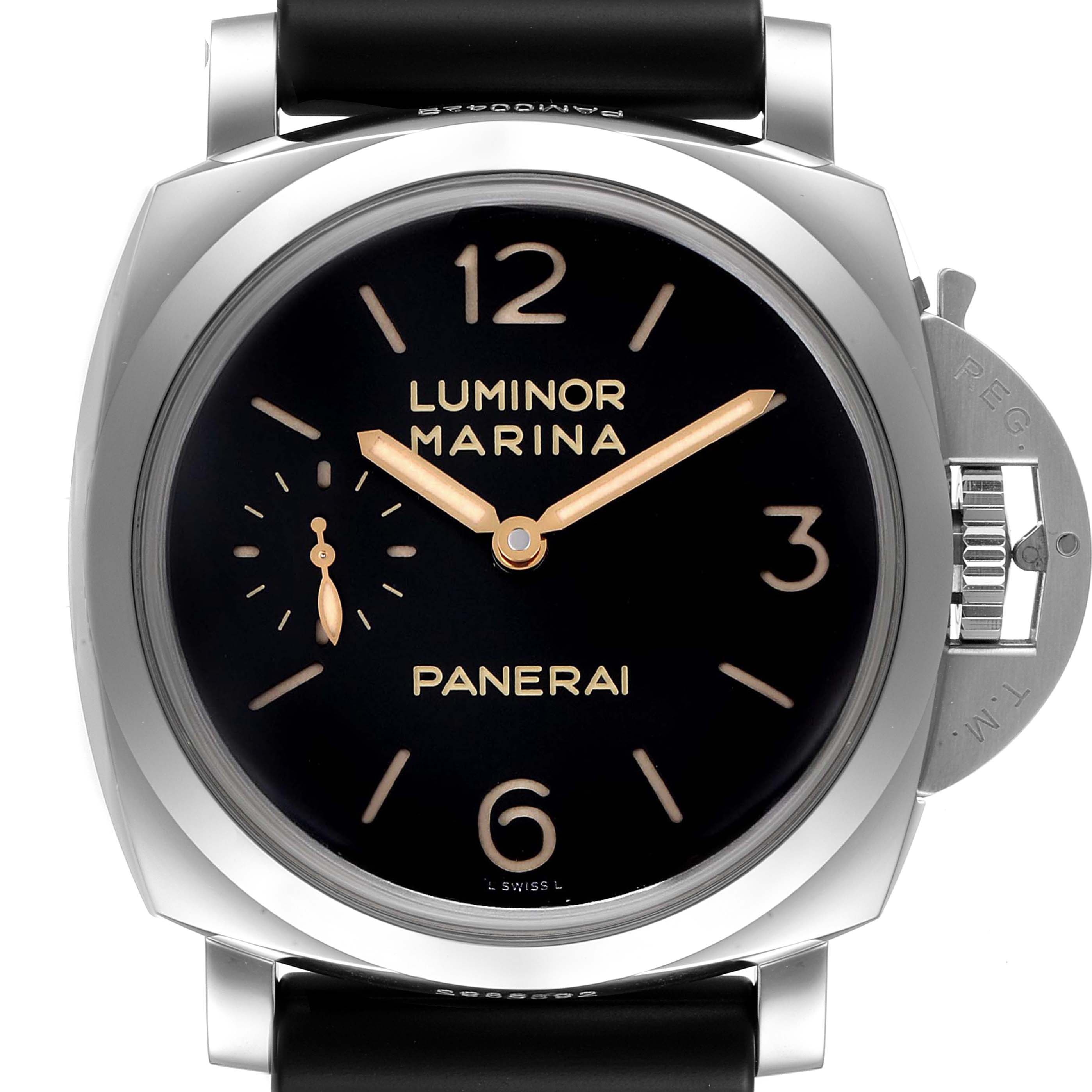 The Panerai Luminor PAM00422 Men
s Stainless Steel Black Dial PAM00422 Men
s Stainless Steel Black Dial Marina watch is shown from the front, highlighting its dial, hands, and crown-protecting bridge.