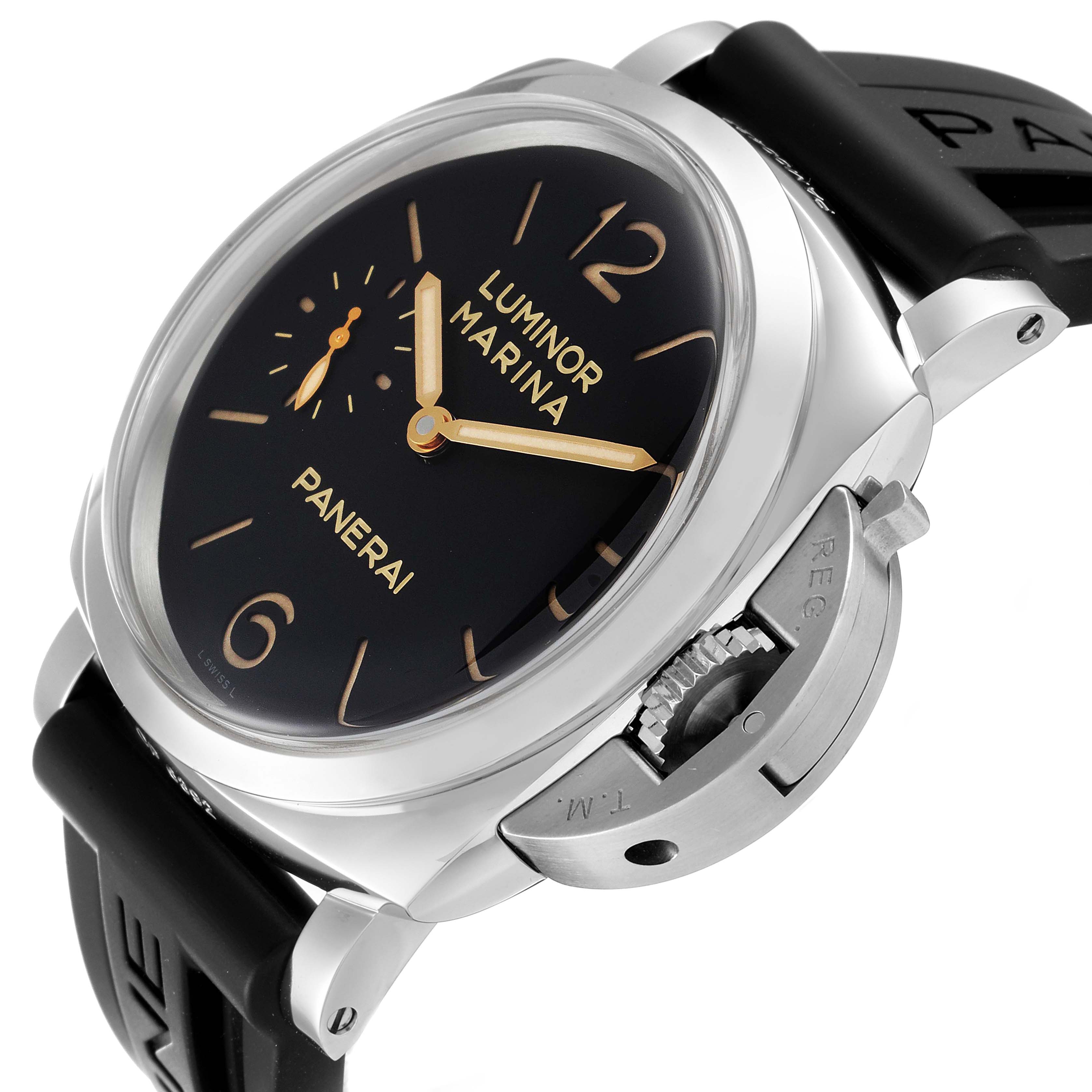 This Panerai Luminor PAM00422 Men
s Stainless Steel Black Dial PAM00422 Men
s Stainless Steel Black Dial watch is shown at an angle highlighting the face, crown, and black strap.