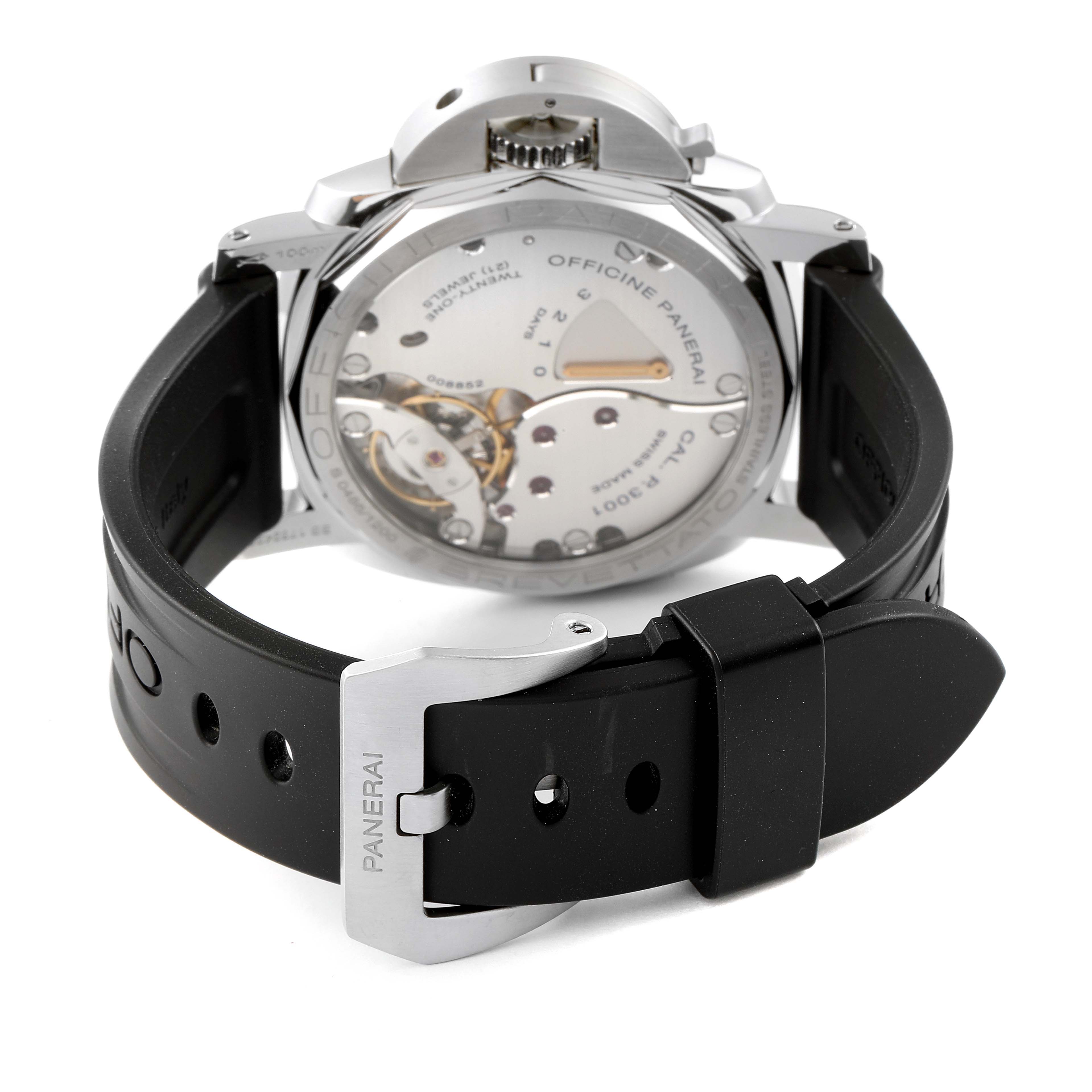 The image shows the back view of a Panerai Luminor PAM00422 Men
s Stainless Steel Black Dial PAM00422 Men
s Stainless Steel Black Dial watch, highlighting its transparent case back and black rubber strap.