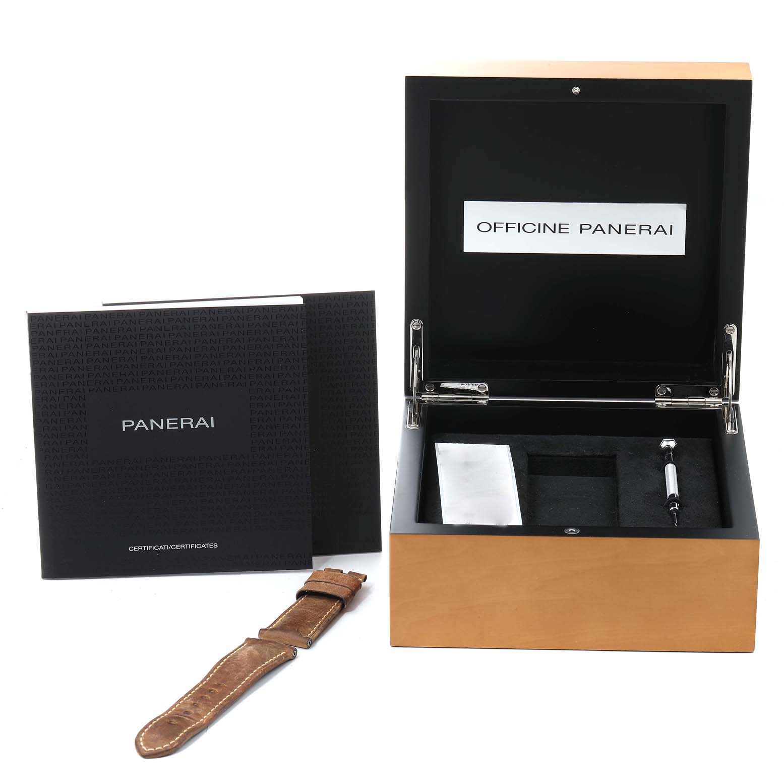 The image features an opened Panerai Luminor PAM00422 Men
s Stainless Steel Black Dial PAM00422 Men
s Stainless Steel Black Dial watch box, a booklet, a leather strap, and a tool.