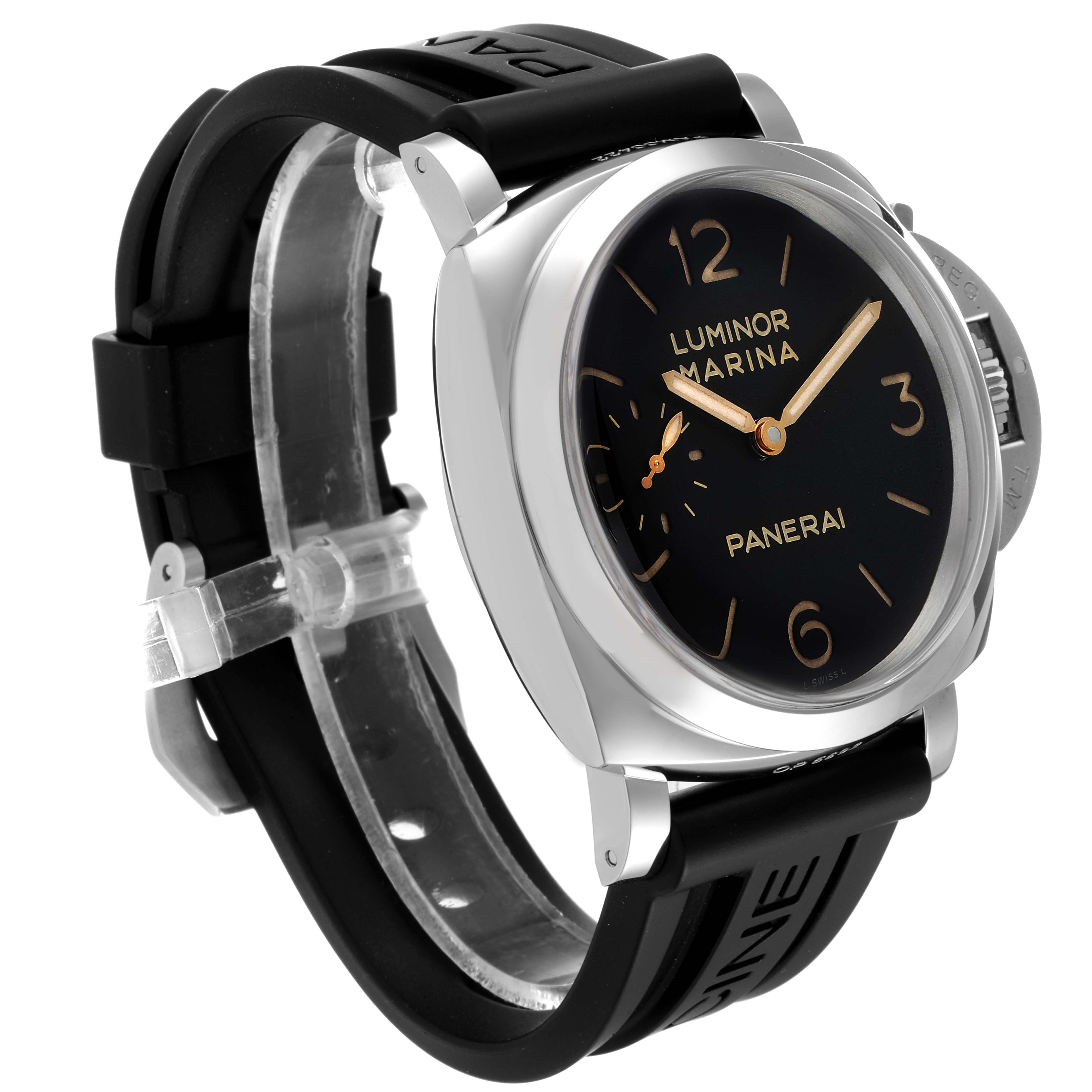 The image shows a Panerai Luminor PAM00422 Men
s Stainless Steel Black Dial PAM00422 Men
s Stainless Steel Black Dial Marina watch at a three-quarter angle, highlighting its black dial and rubber strap.