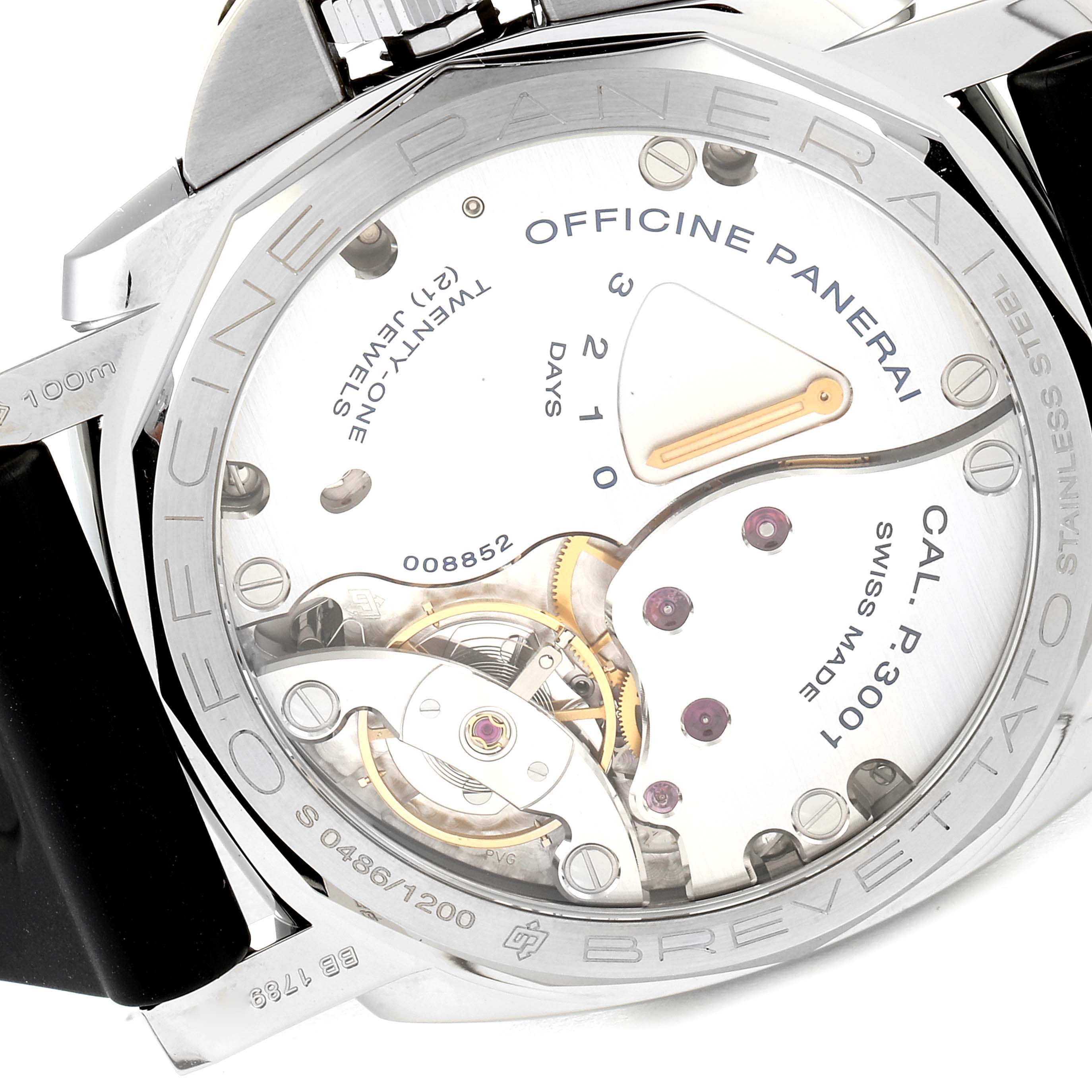 The image shows the back view of a Panerai Luminor PAM00422 Men
s Stainless Steel Black Dial PAM00422 Men
s Stainless Steel Black Dial watch, highlighting the movement and internal mechanics.