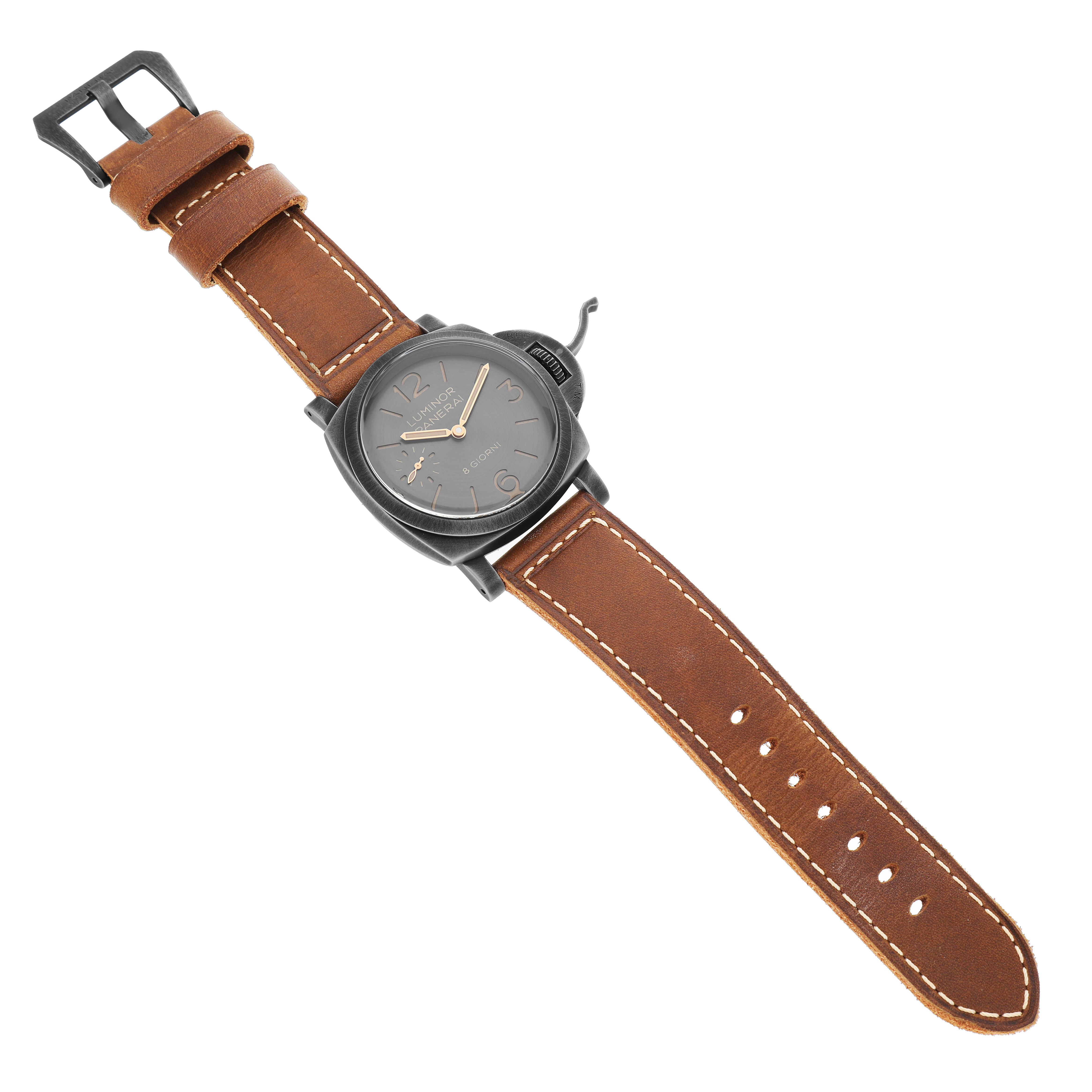 The Panerai Luminor PAM01733 Men's Stainless Steel Silver Dial watch is shown at a slightly angled overhead view, highlighting the dial, case, and brown leather strap.
