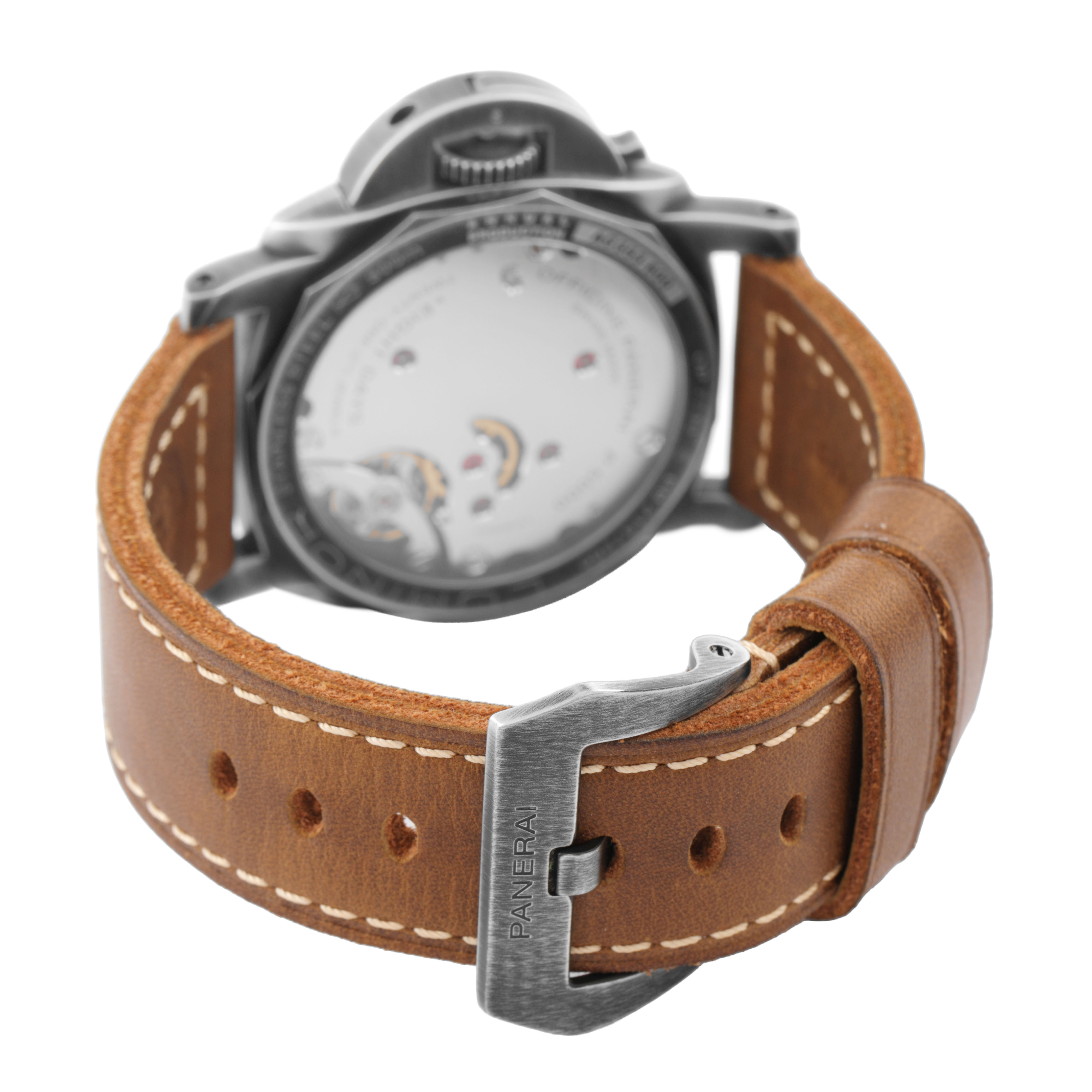 The image shows the back view of a Panerai Luminor PAM01733 Men's Stainless Steel Silver Dial watch, highlighting the buckle and leather strap.