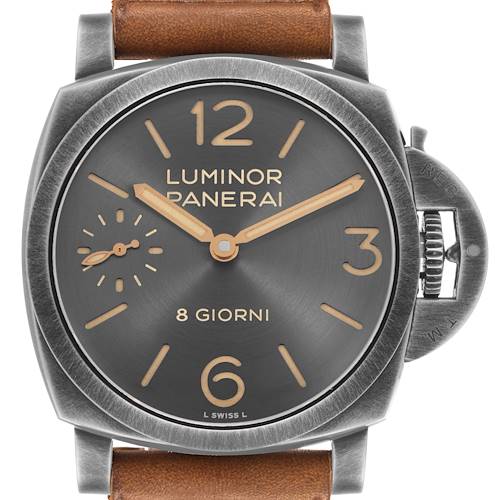 The Panerai Luminor PAM01733 Men's Stainless Steel Silver Dial watch is shown front-facing, displaying the dial, hands, numeric markers, and crown with its protective bridge.