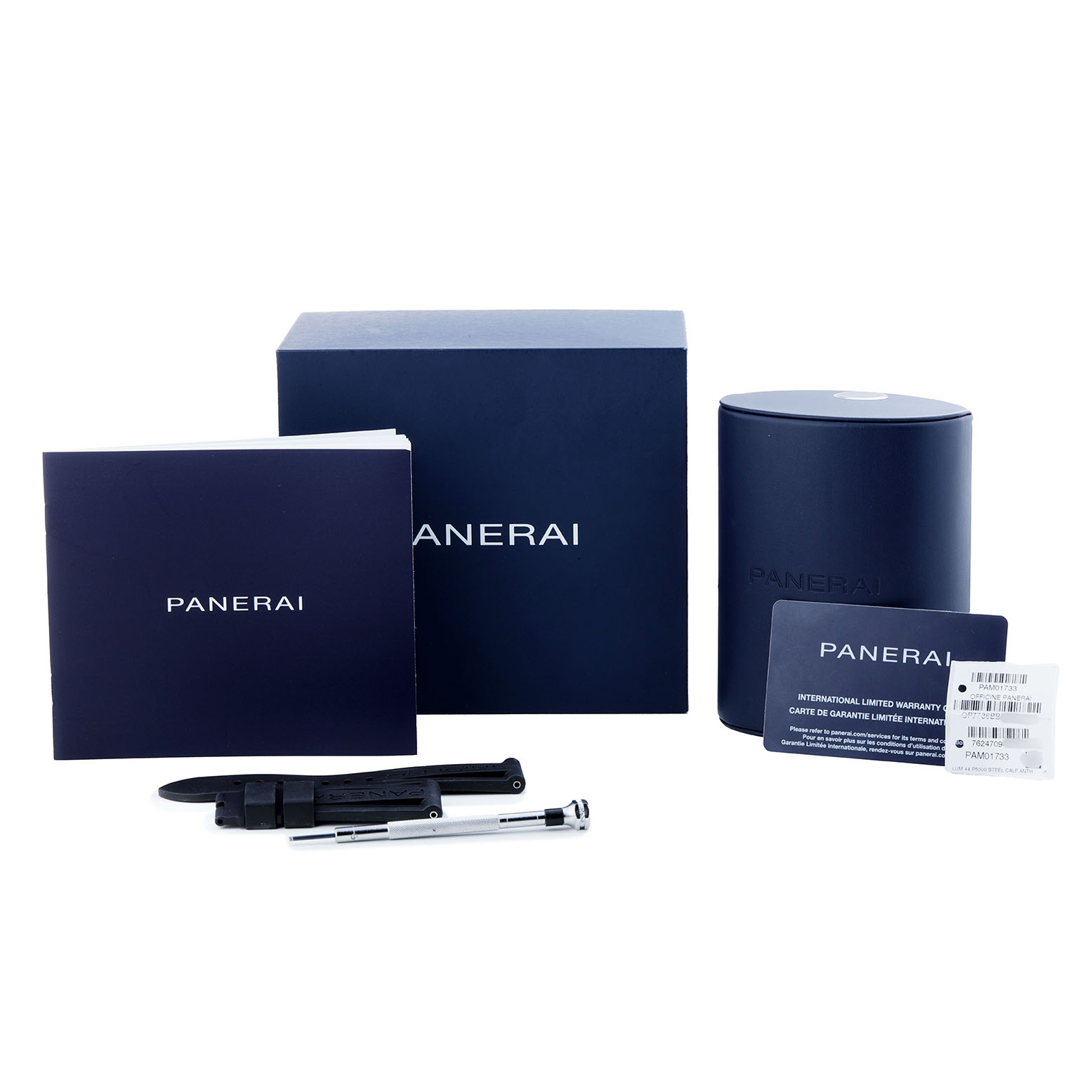 The image shows Panerai Luminor PAM01733 Men's Stainless Steel Silver Dial packaging, including boxes, a warranty card, a tool, and booklets, viewed at a frontal angle.