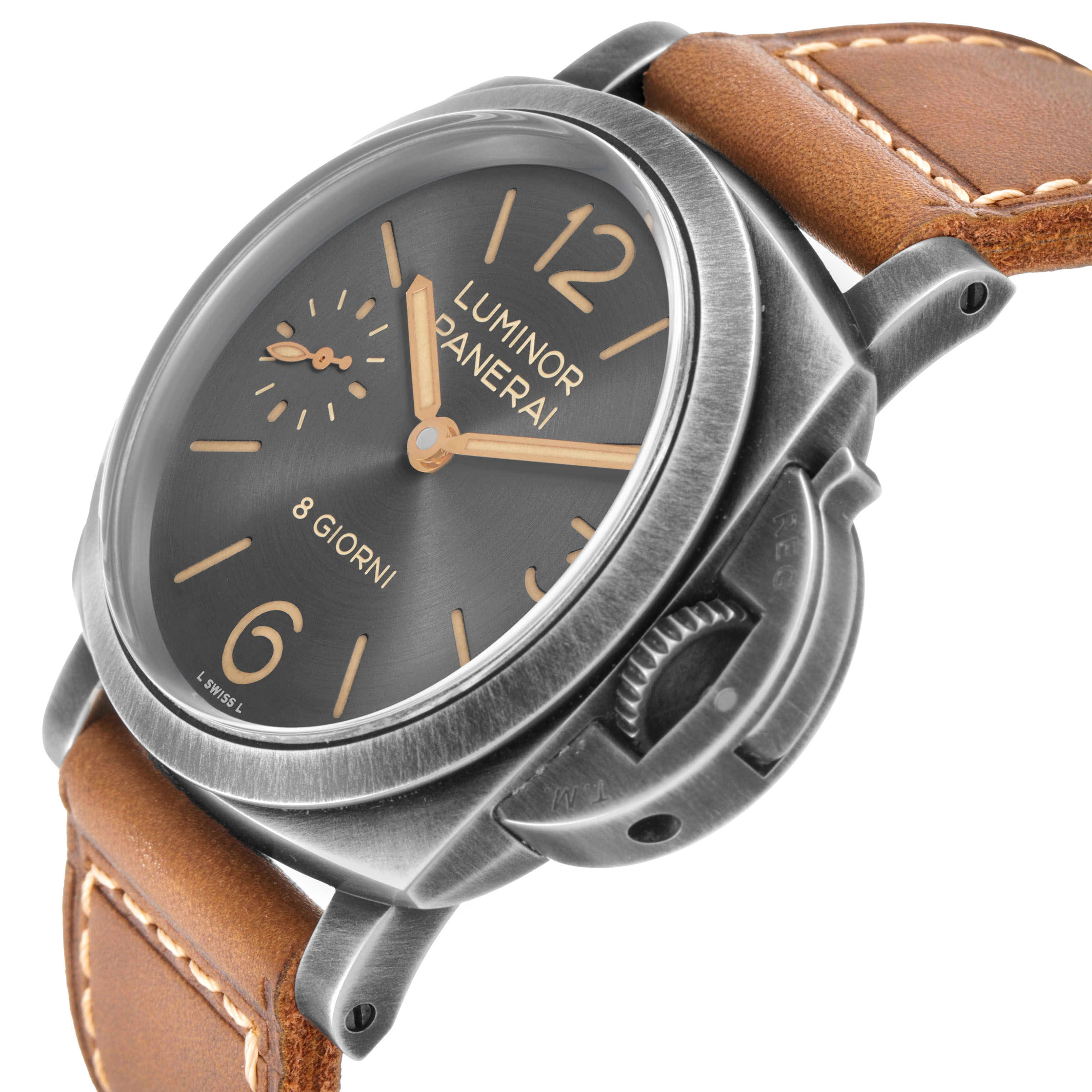The Panerai Luminor PAM01733 Men's Stainless Steel Silver Dial watch is shown from an angled perspective, highlighting the face, crown guard, and strap.