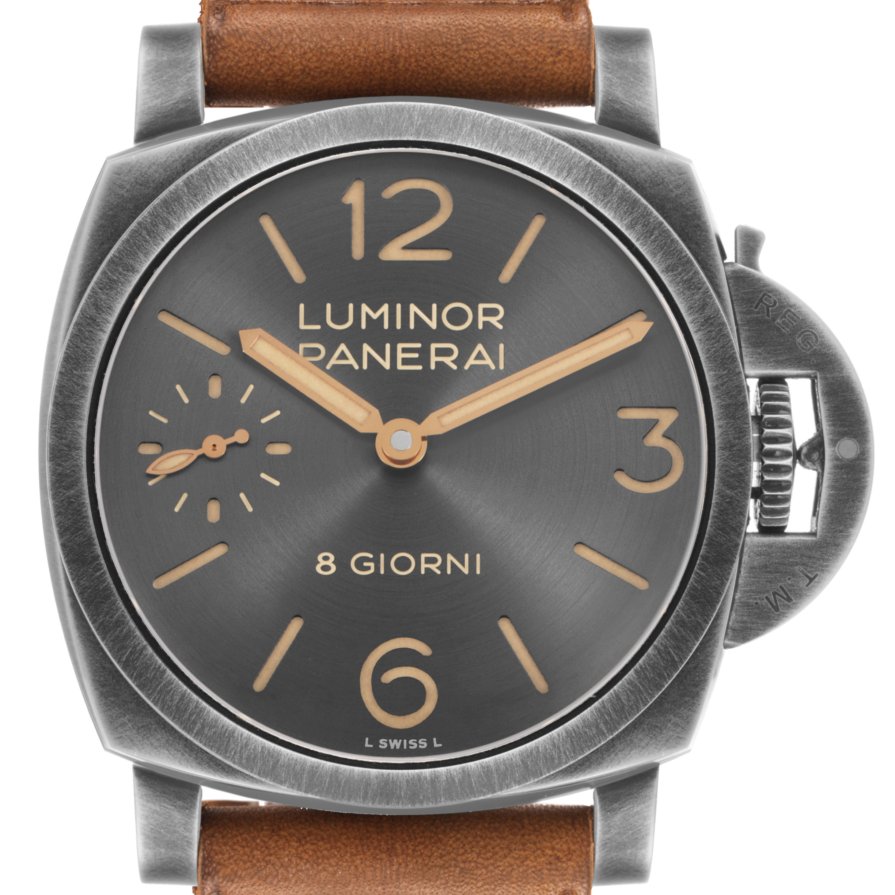 The Panerai Luminor PAM01733 Men's Stainless Steel Silver Dial watch is shown from a front view, displaying its face, numerals, and crown guard.
