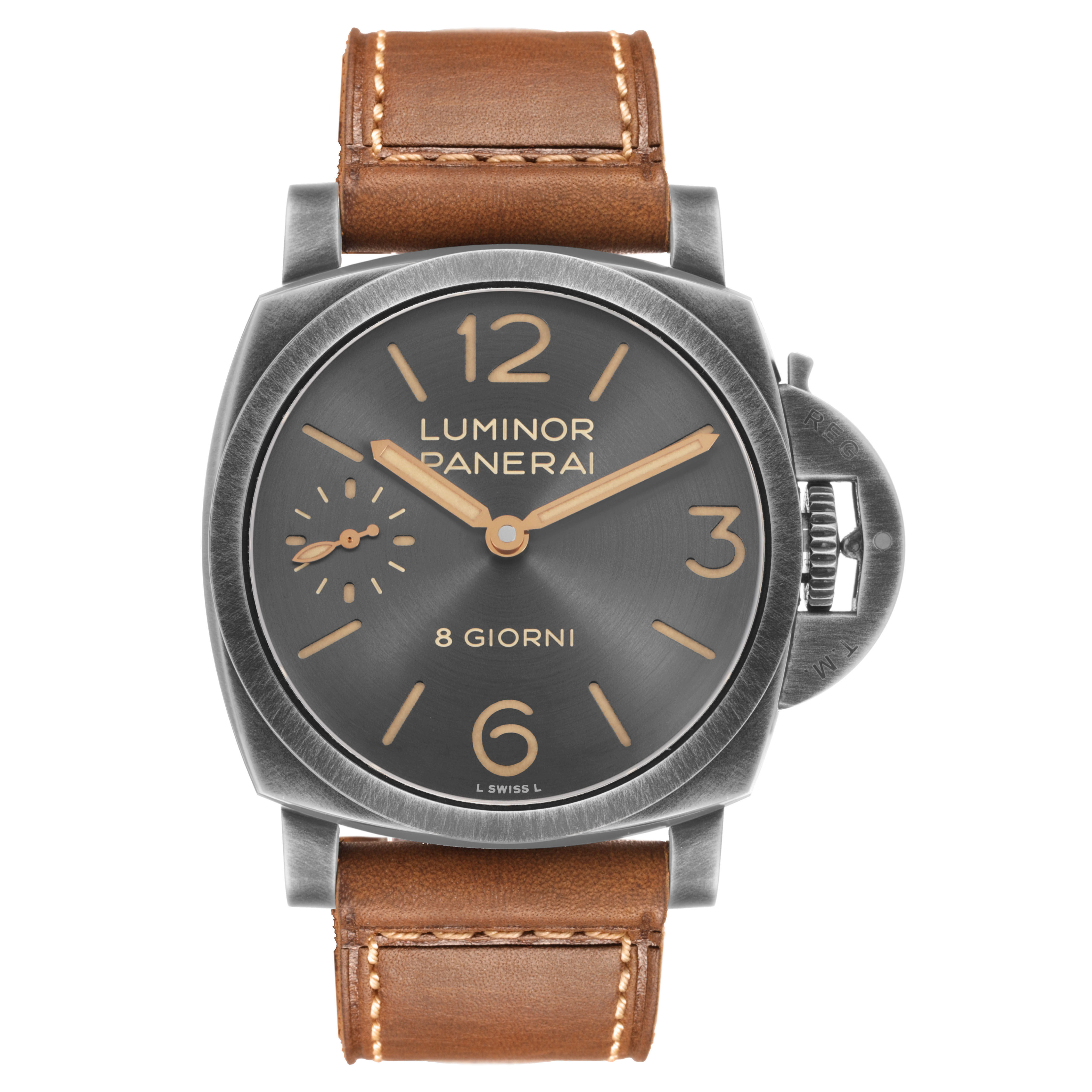 The Panerai Luminor PAM01733 Men's Stainless Steel Silver Dial watch is shown from the front, displaying the dial, hands, crown protector, and leather strap.