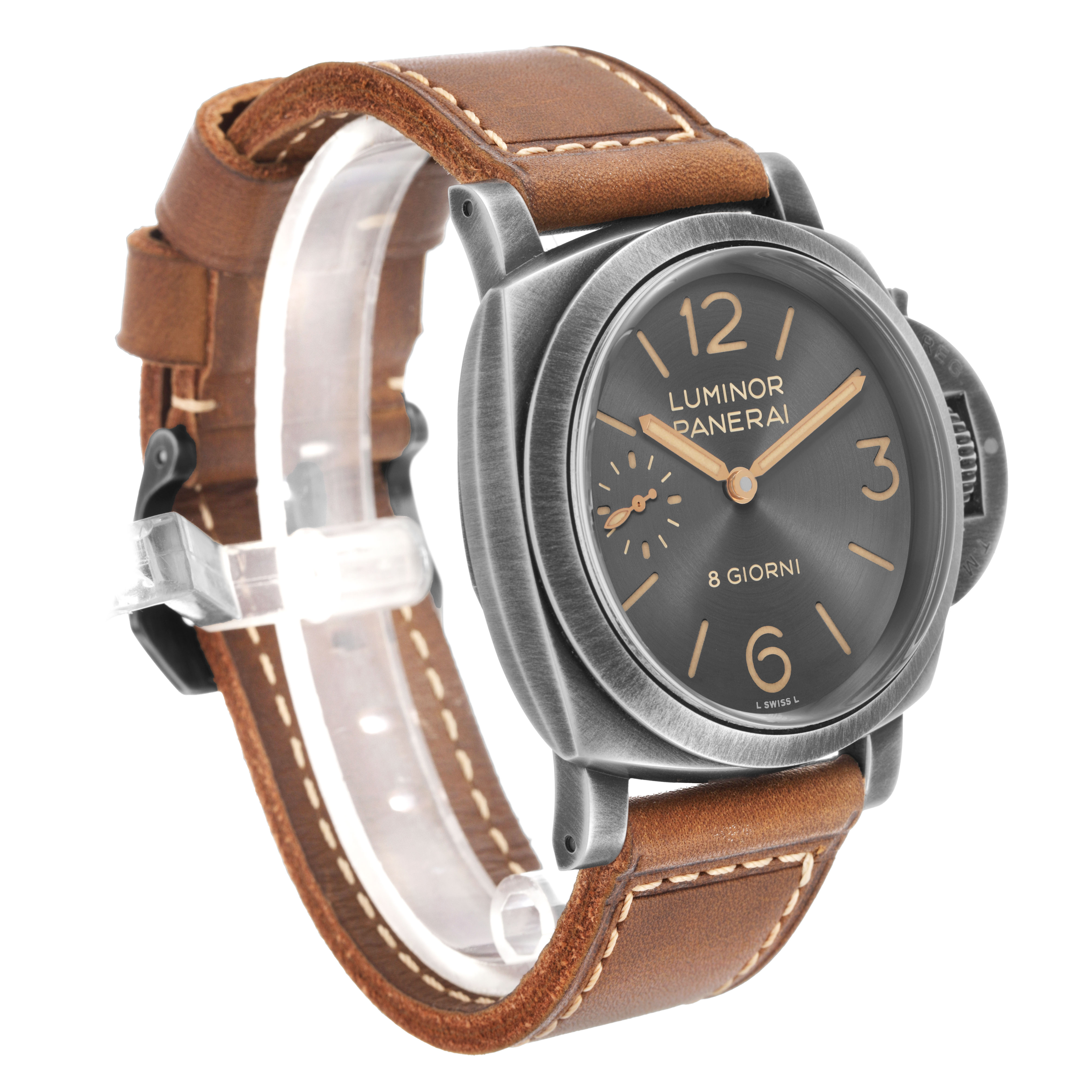 The Panerai Luminor PAM01733 Men's Stainless Steel Silver Dial watch is shown at an angle, highlighting the dial, case, crown guard, and brown leather strap.