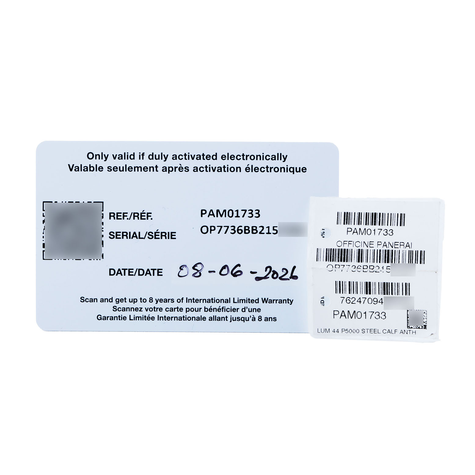 The image shows warranty cards for a Panerai Luminor PAM01733 Men's Stainless Steel Silver Dial PAM01733 watch, focusing on reference and serial numbers.