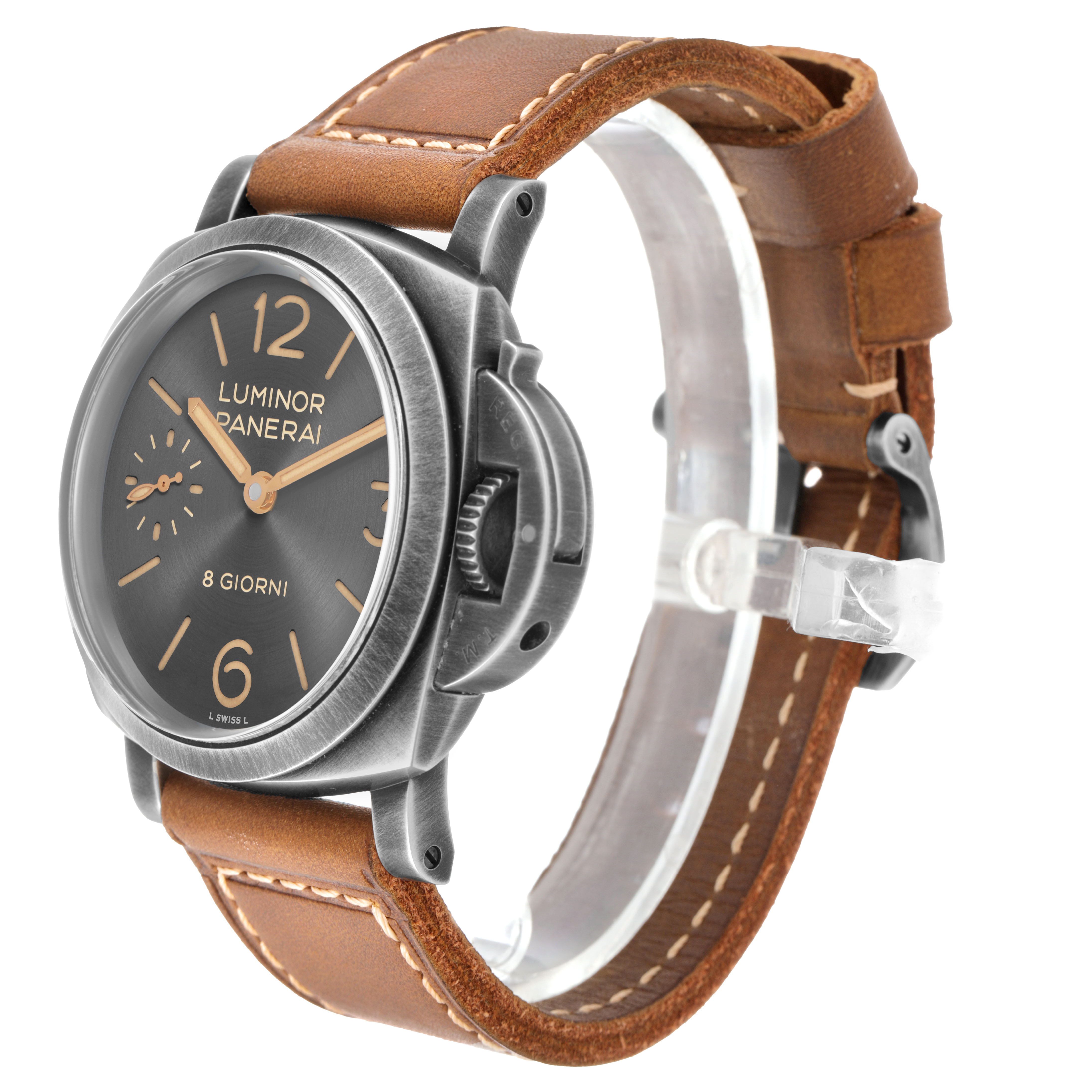 The Panerai Luminor PAM01733 Men's Stainless Steel Silver Dial watch is shown at a three-quarter angle, highlighting the dial, crown guard, and leather strap.