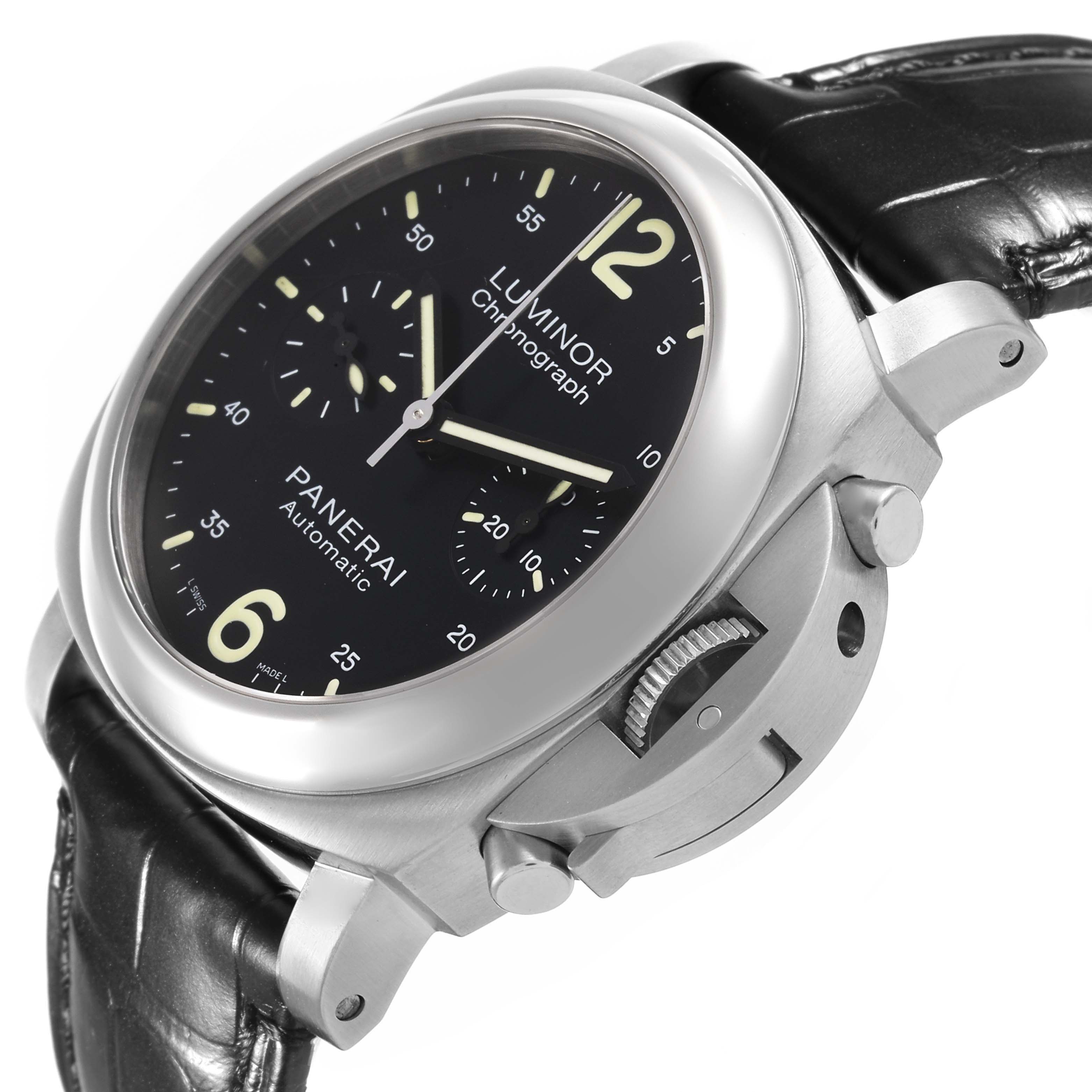 The Panerai Luminor PAM00310 Men's Stainless Steel Black Dial PAM00310 Men's Stainless Steel Black Dial watch is shown at an angled side view, highlighting the dial, crown guard, pushers, and leather strap.