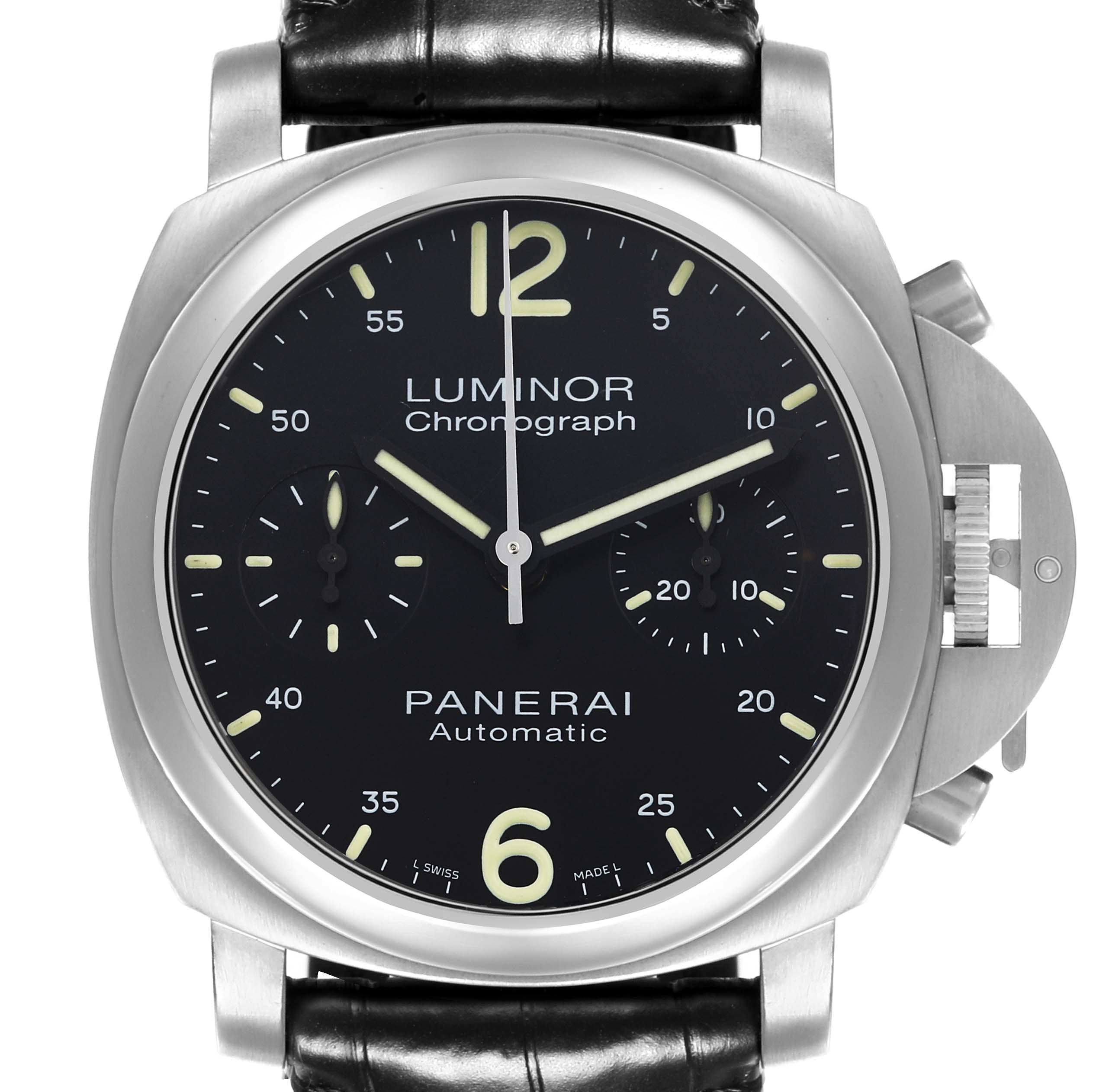The image shows a front view of the Panerai Luminor PAM00310 Men's Stainless Steel Black Dial PAM00310 Men's Stainless Steel Black Dial watch, highlighting the dial, crown, and pushers.
