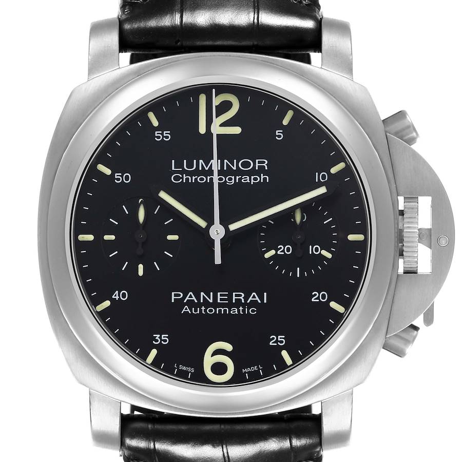 The image shows a front view of the Panerai Luminor watch, highlighting the dial, crown, and pushers.