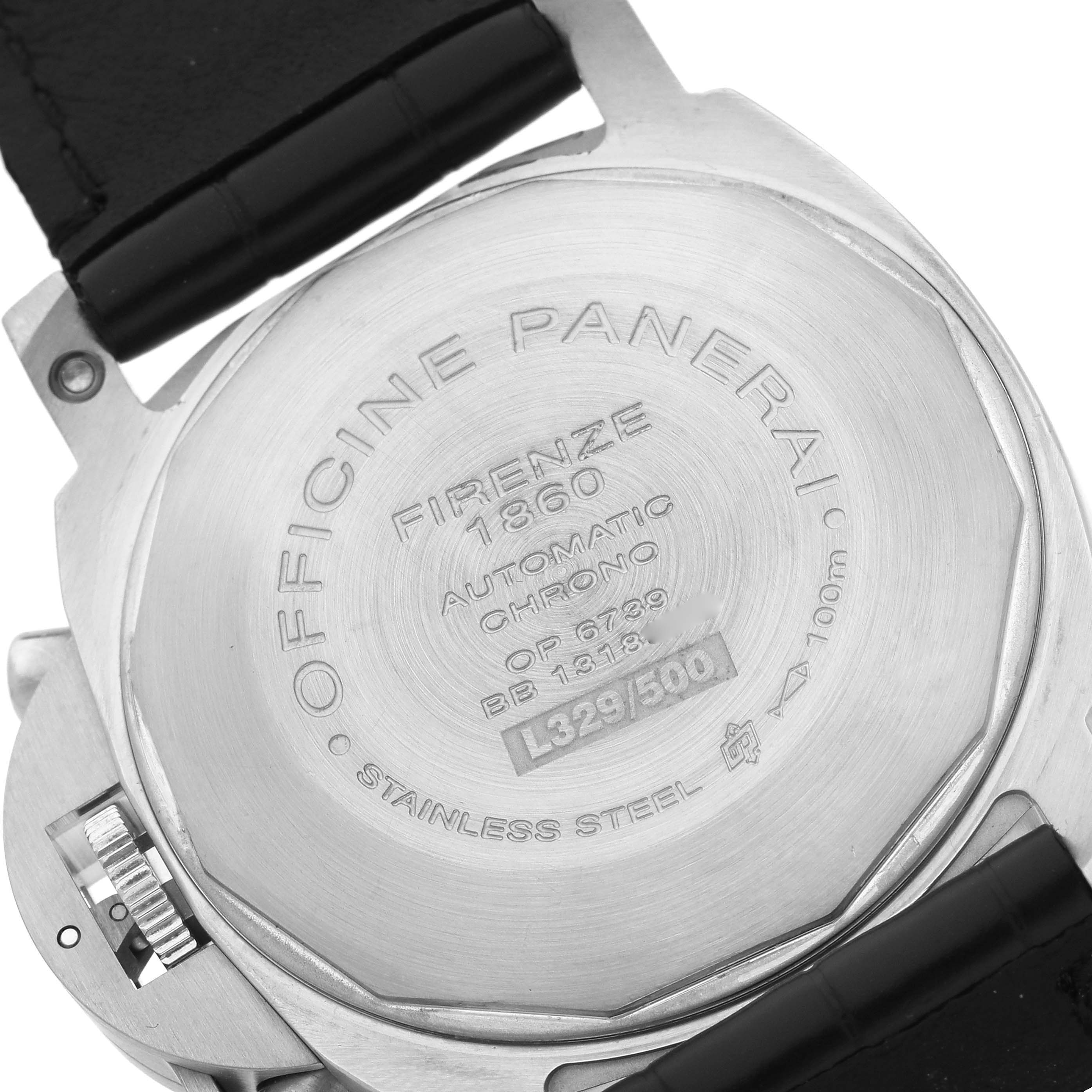 The image shows the back of a Panerai Luminor PAM00310 Men's Stainless Steel Black Dial PAM00310 Men's Stainless Steel Black Dial watch, detailing the case and strap attachment.