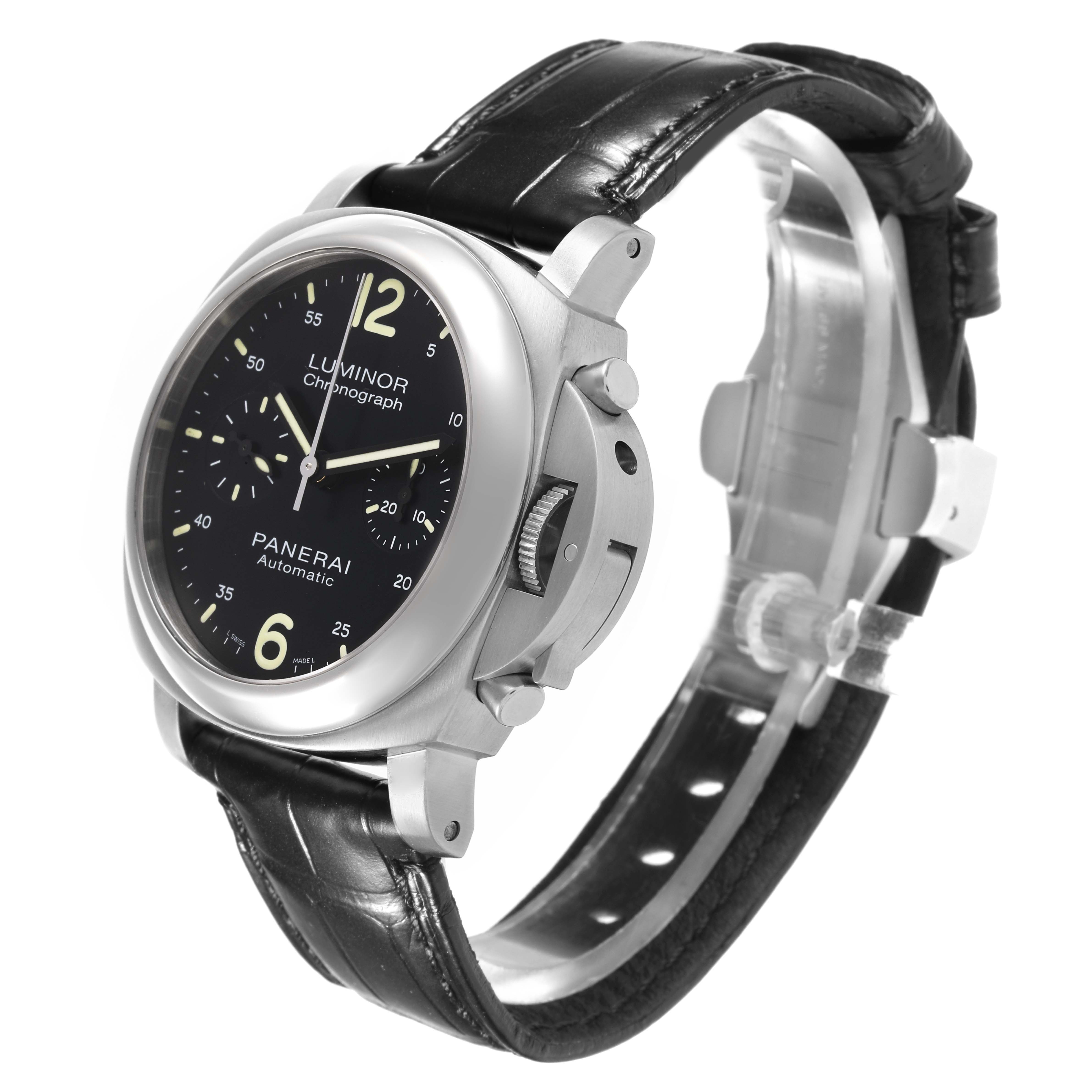 The Panerai Luminor PAM00310 Men's Stainless Steel Black Dial PAM00310 Men's Stainless Steel Black Dial watch is shown at a three-quarter angle, highlighting the face, crown, and strap.