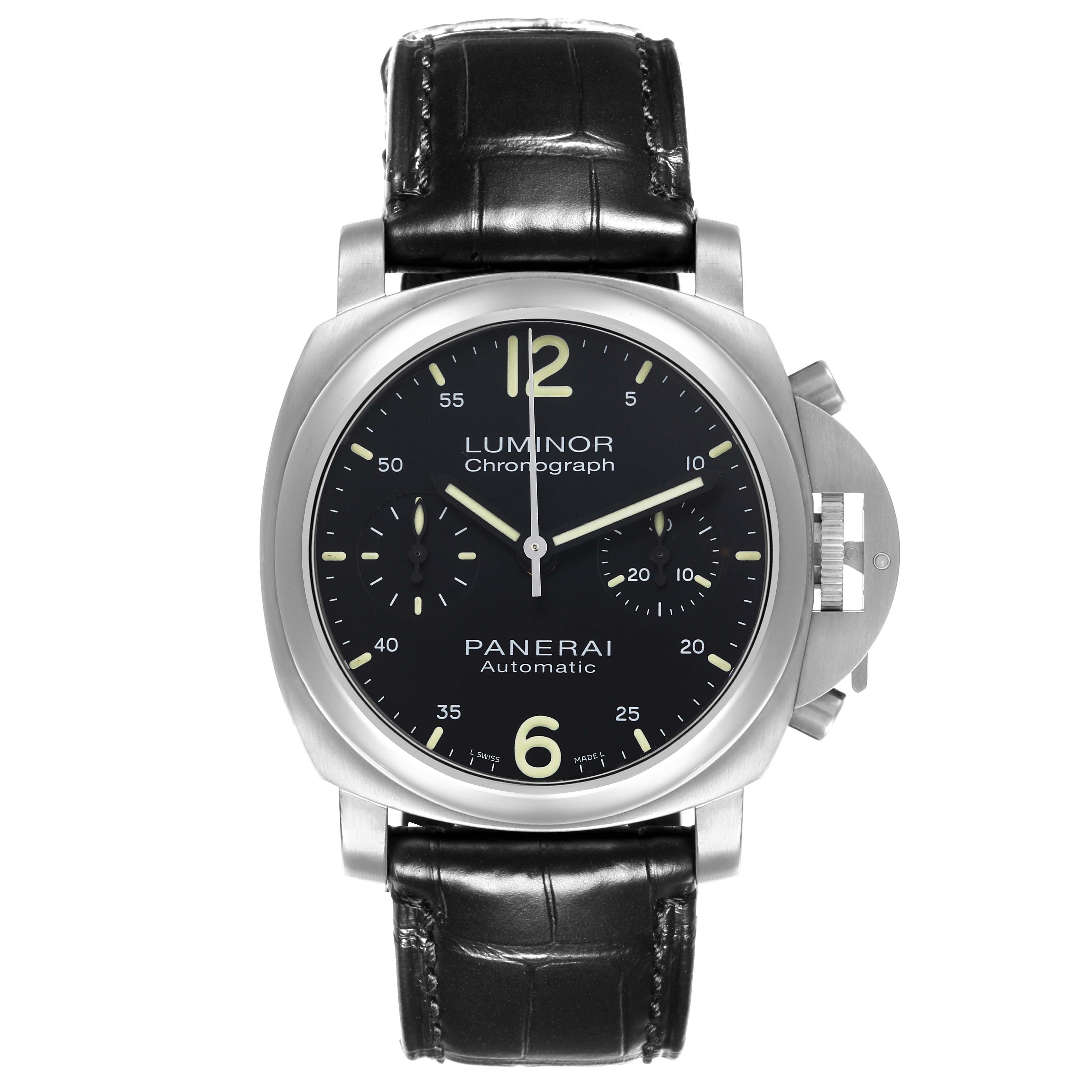 The Panerai Luminor PAM00310 Men's Stainless Steel Black Dial PAM00310 Men's Stainless Steel Black Dial watch is shown from a frontal angle, displaying the face, bezel, and strap.