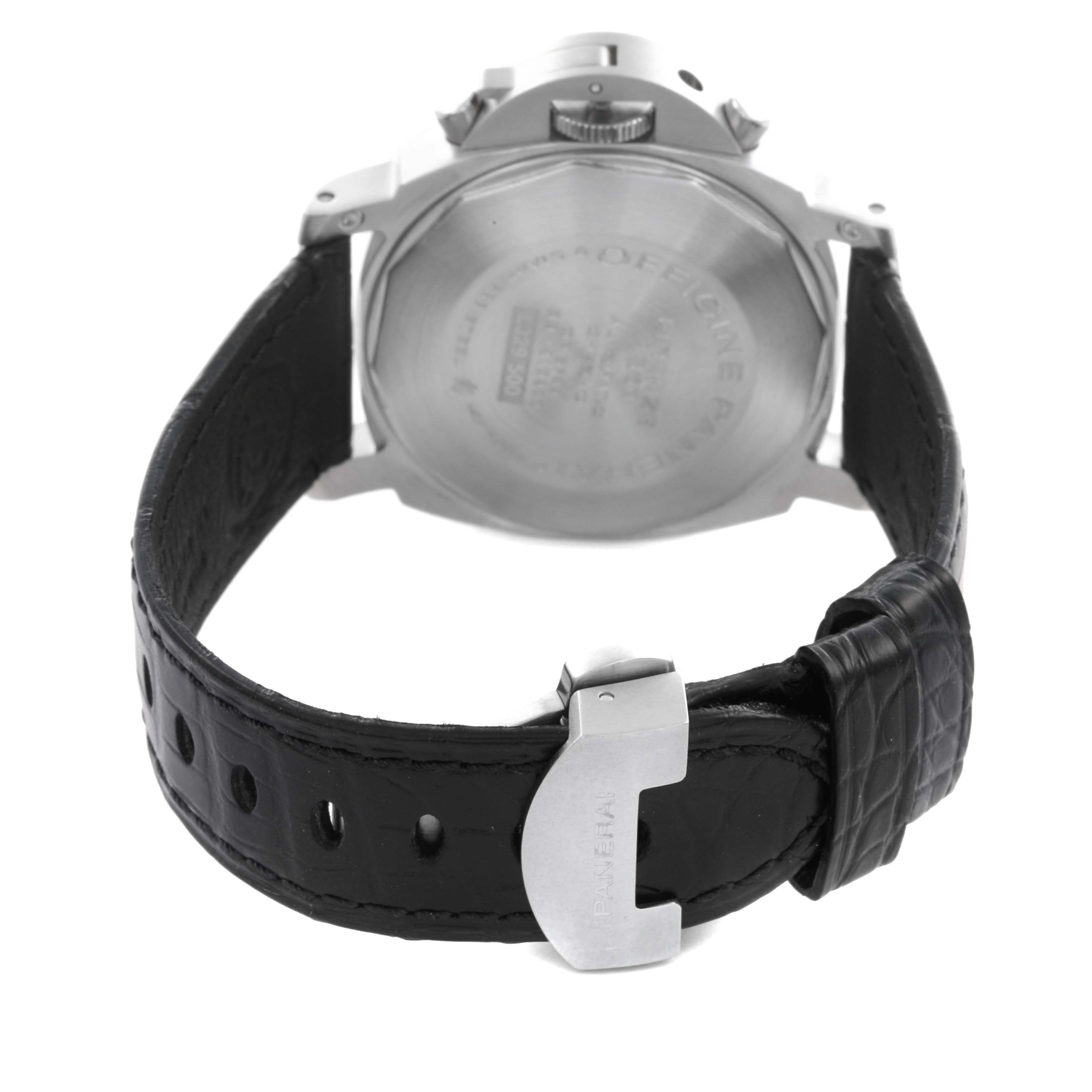 The image shows the back view of a Panerai Luminor PAM00310 Men's Stainless Steel Black Dial PAM00310 Men's Stainless Steel Black Dial, highlighting the case back and leather strap with a buckle.
