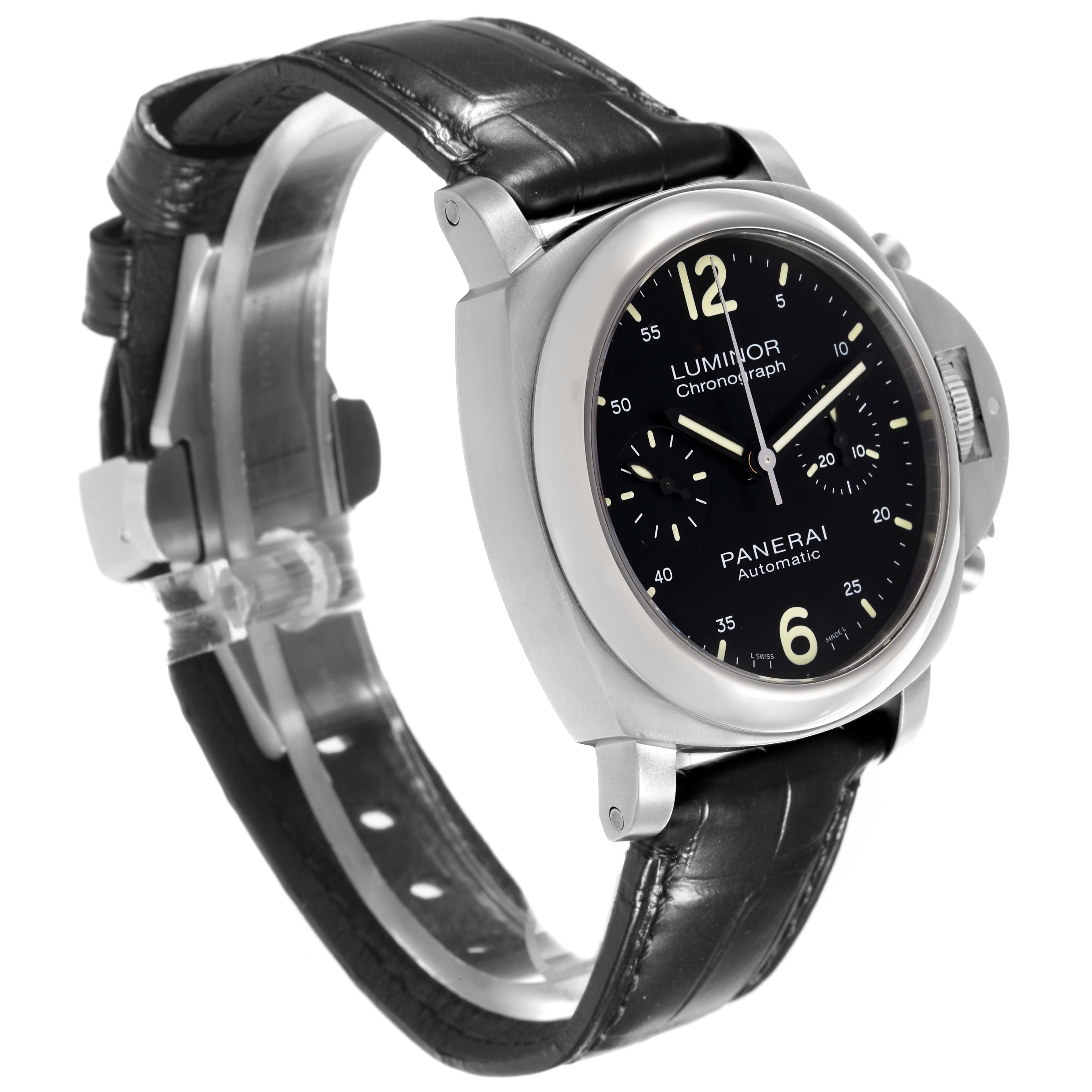 The Panerai Luminor PAM00310 Men's Stainless Steel Black Dial PAM00310 Men's Stainless Steel Black Dial watch is shown at a three-quarter angle, displaying the dial, case, crown guard, and black leather strap.