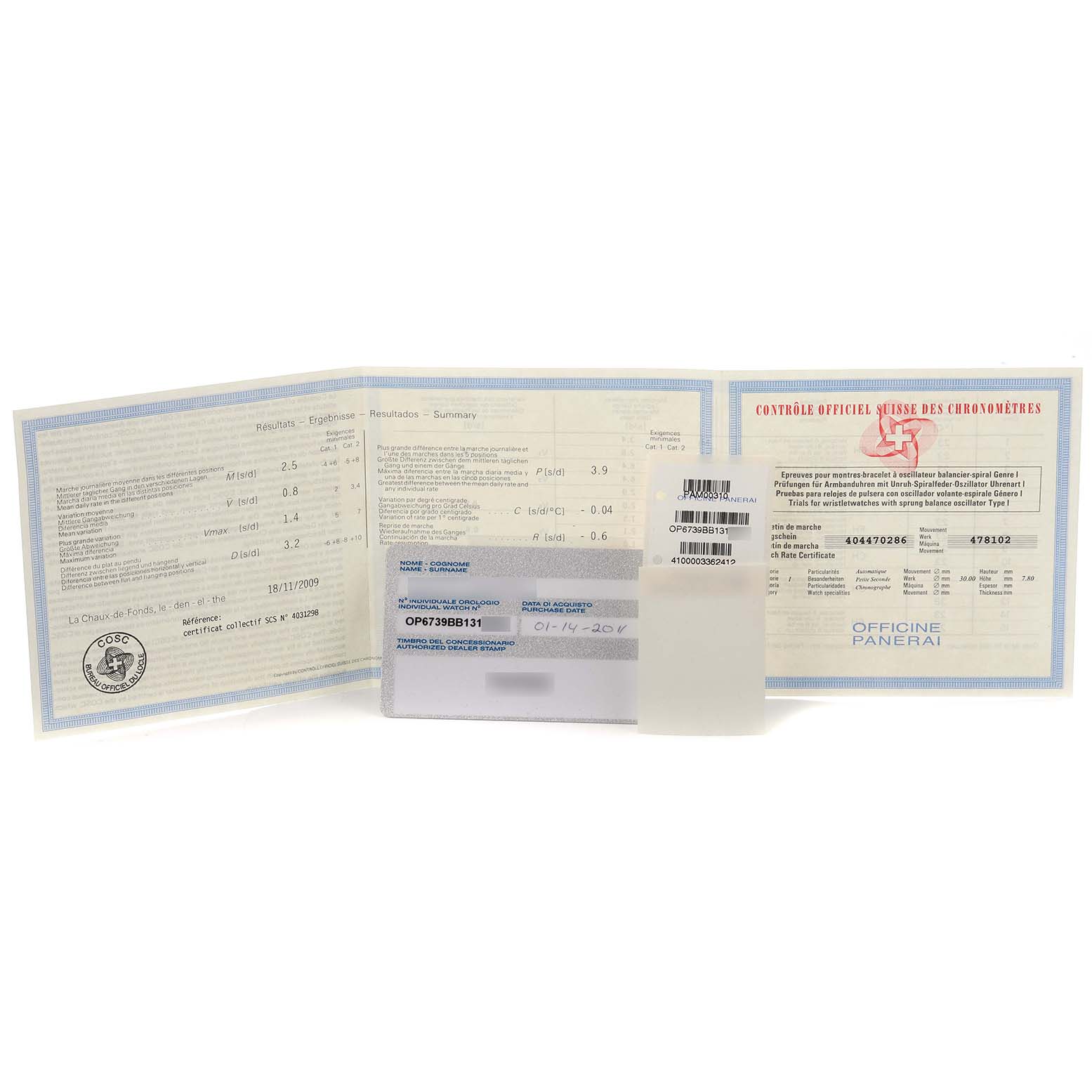 The image shows paperwork and a card associated with a Panerai Luminor PAM00310 Men's Stainless Steel Black Dial PAM00310 Men's Stainless Steel Black Dial watch, displayed from a front angle.