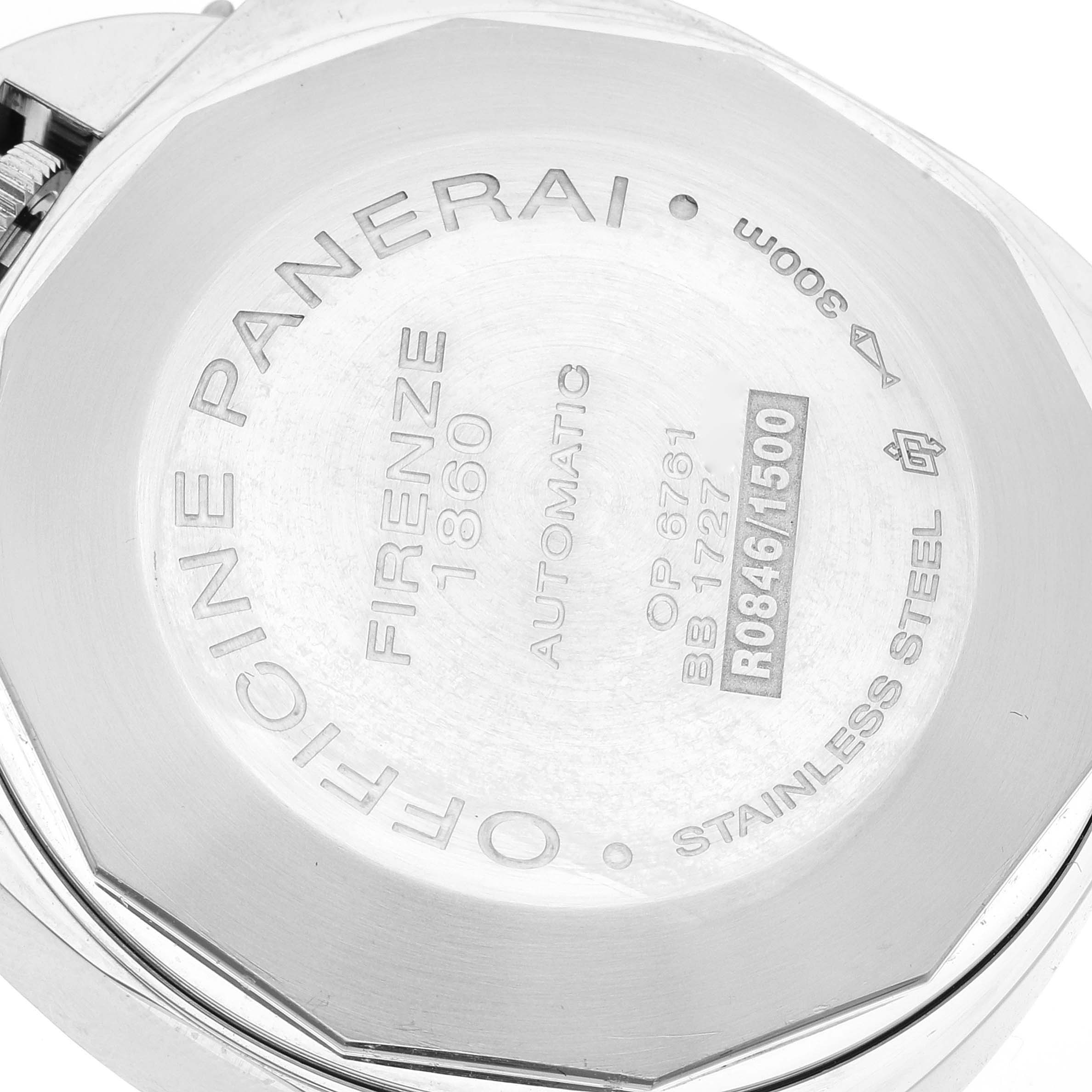 The image shows the back casing of a Panerai Luminor PAM00088 Men
s Stainless Steel Black Dial PAM00088 Men
s Stainless Steel Black Dial watch, highlighting engraved details and specifications.