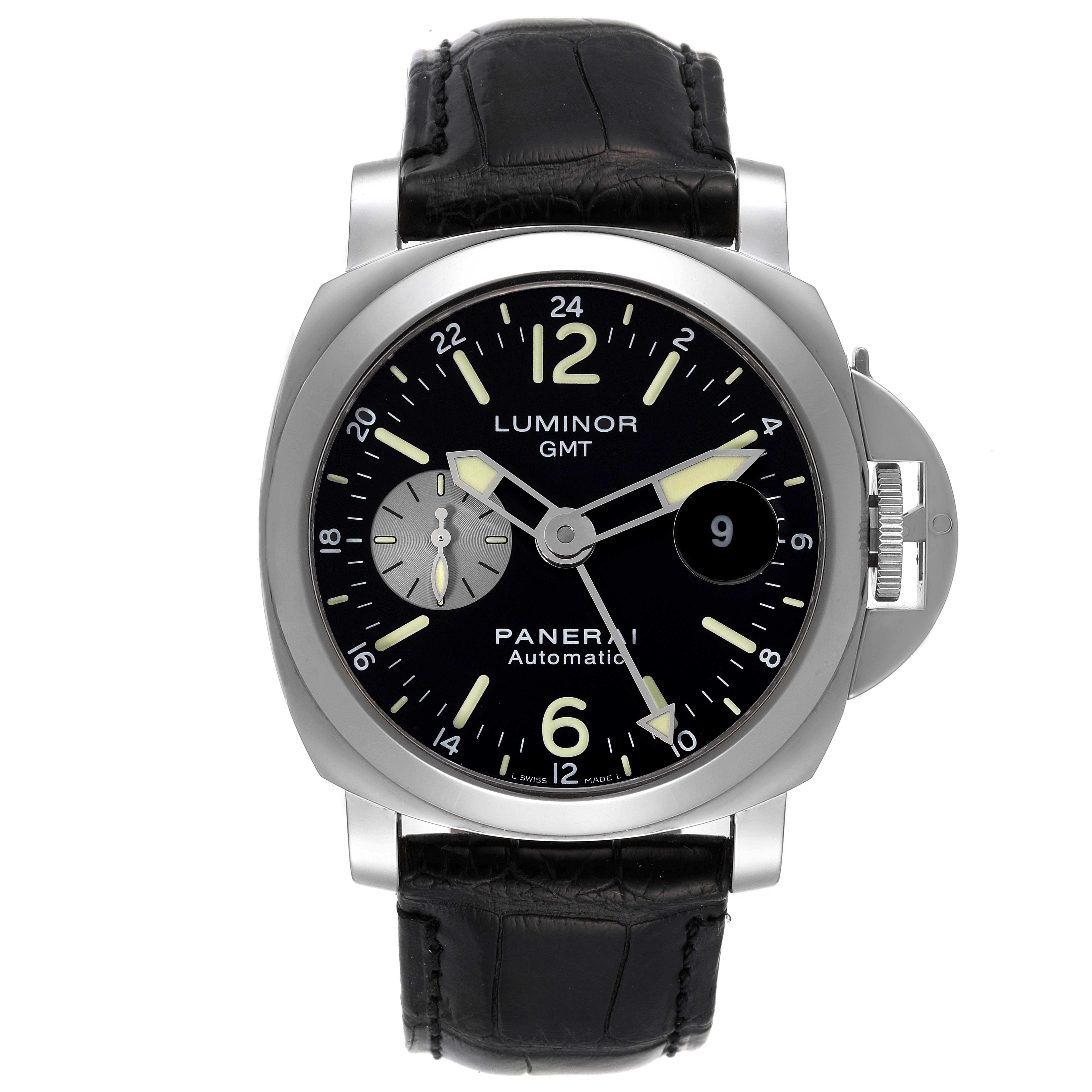This image shows a front view of the Panerai Luminor PAM00088 Men
s Stainless Steel Black Dial PAM00088 Men
s Stainless Steel Black Dial GMT watch, including its face, bezel, and brown leather strap.