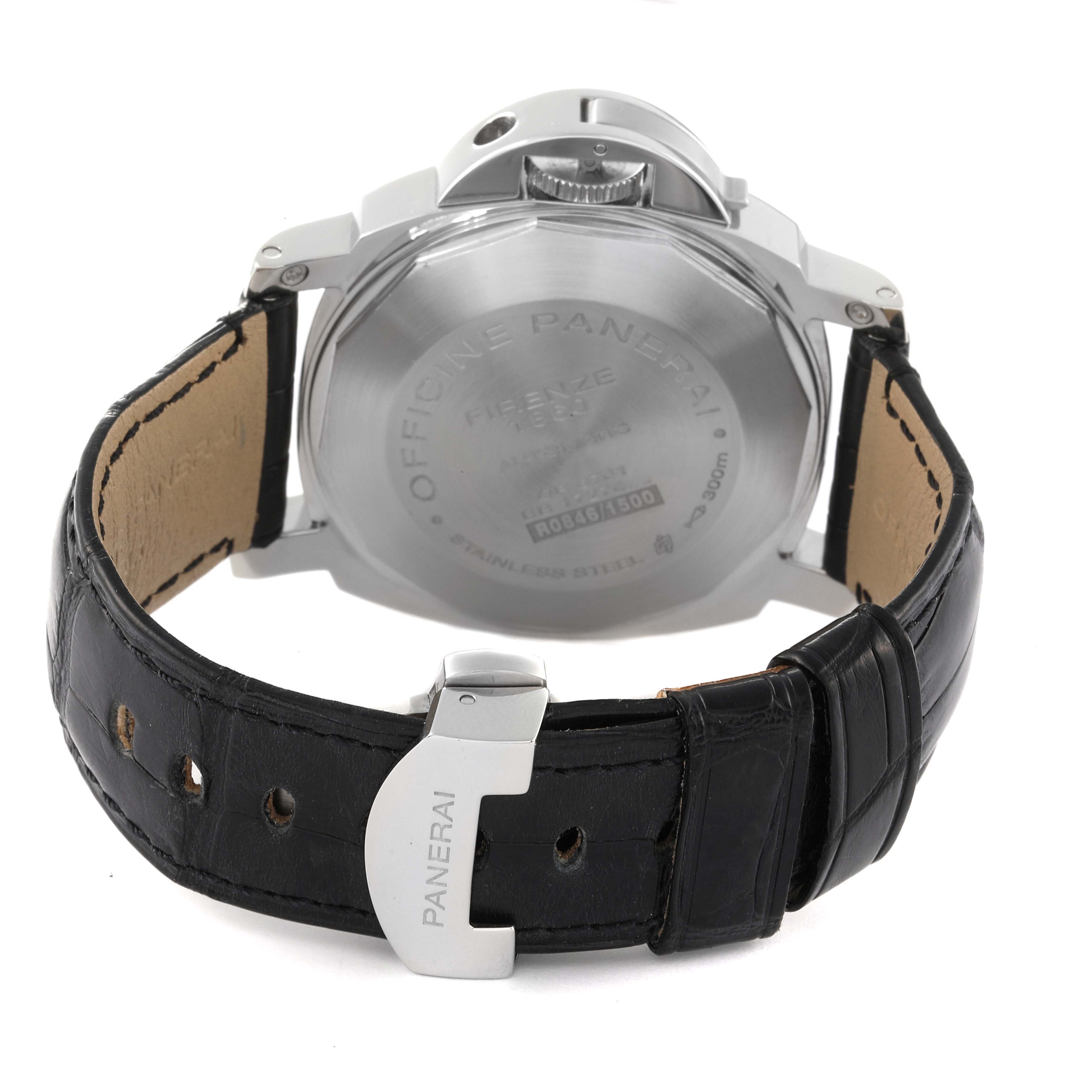 The image shows the rear view of a Panerai Luminor PAM00088 Men
s Stainless Steel Black Dial PAM00088 Men
s Stainless Steel Black Dial watch, highlighting the case back and leather strap with "Panerai" engraved on the clasp.