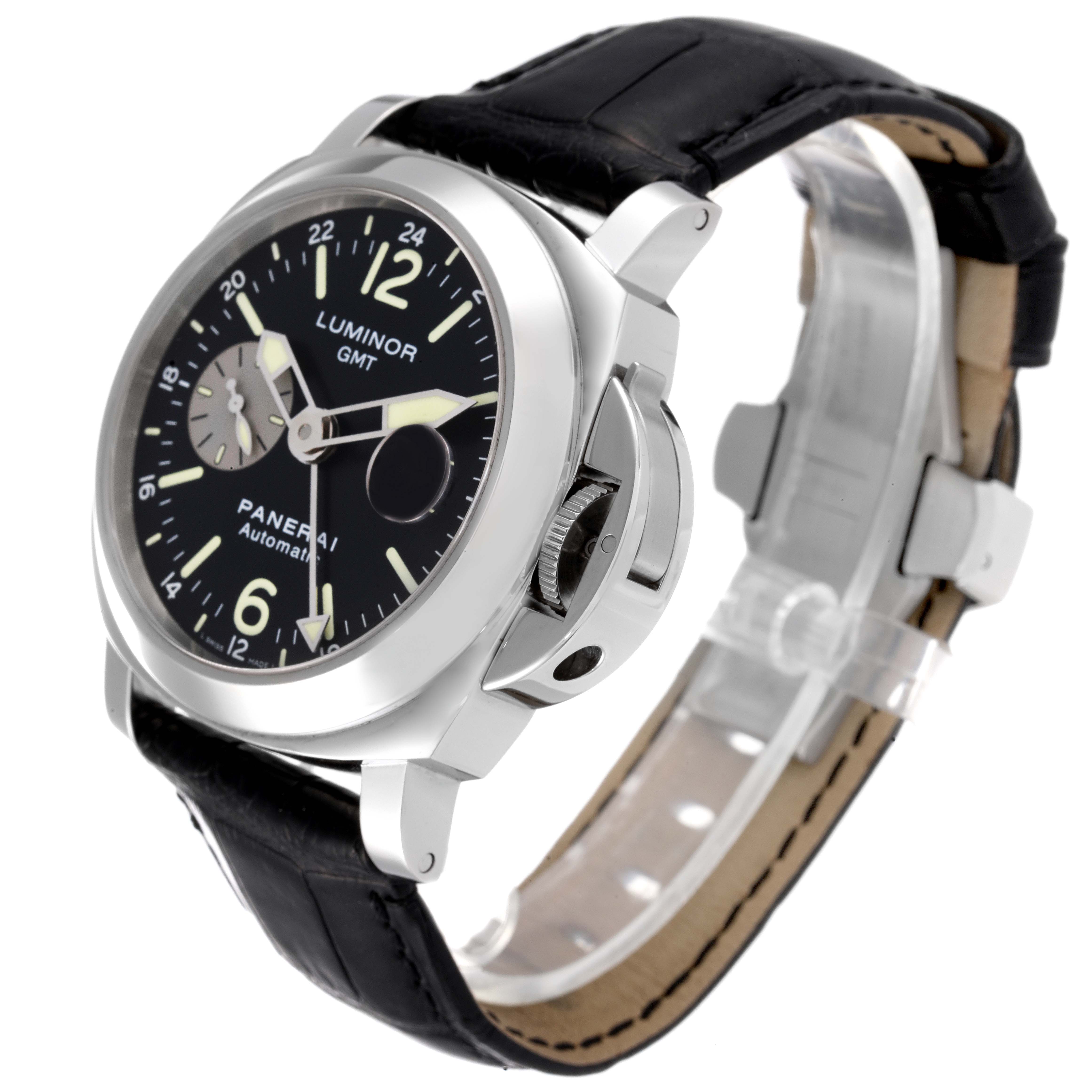 This image shows a Panerai Luminor PAM00088 Men
s Stainless Steel Black Dial PAM00088 Men
s Stainless Steel Black Dial watch at a slight angle, highlighting the face, crown, and black leather strap.