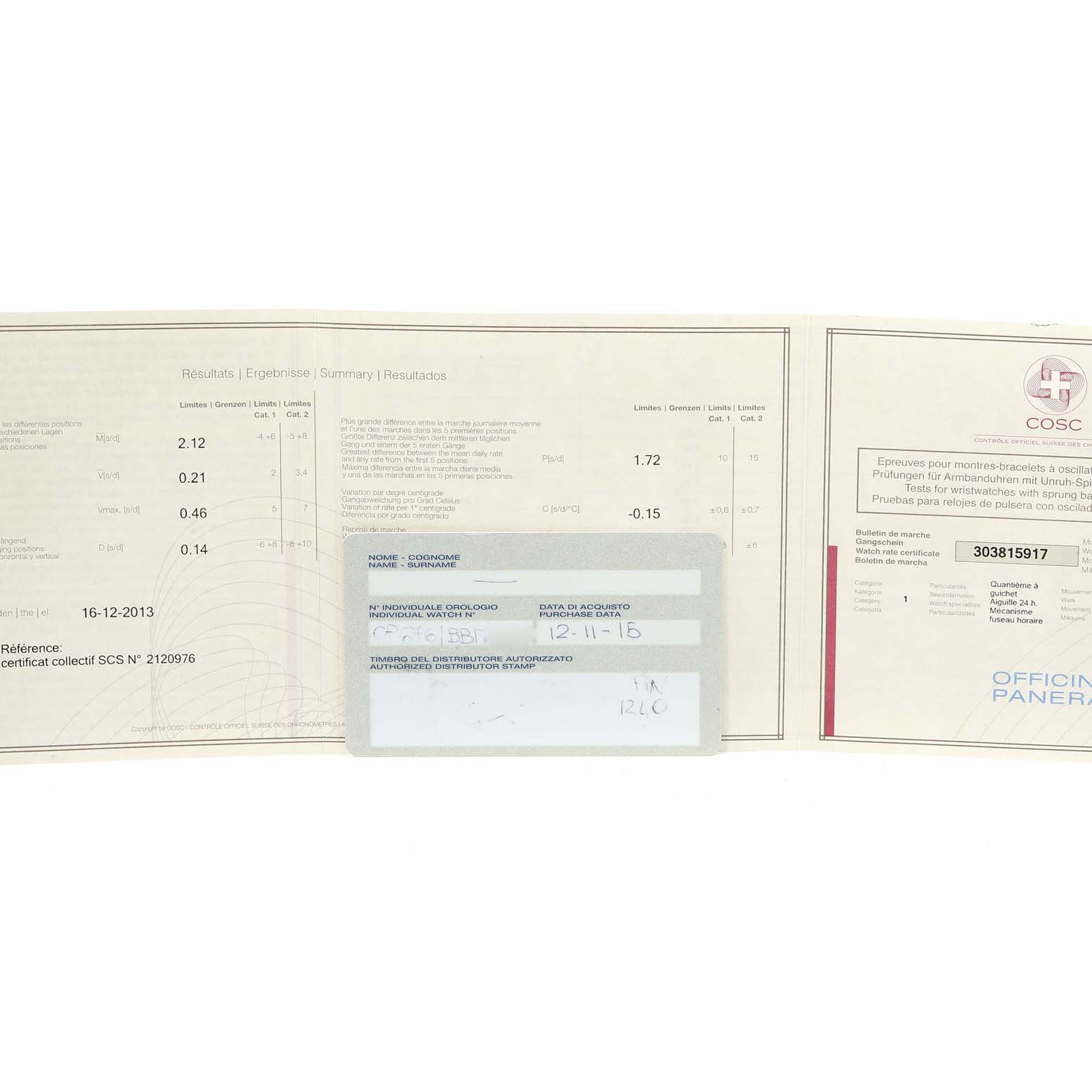 The image shows the certification papers and warranty card for a Panerai Luminor PAM00088 Men
s Stainless Steel Black Dial PAM00088 Men
s Stainless Steel Black Dial watch, displayed flat.