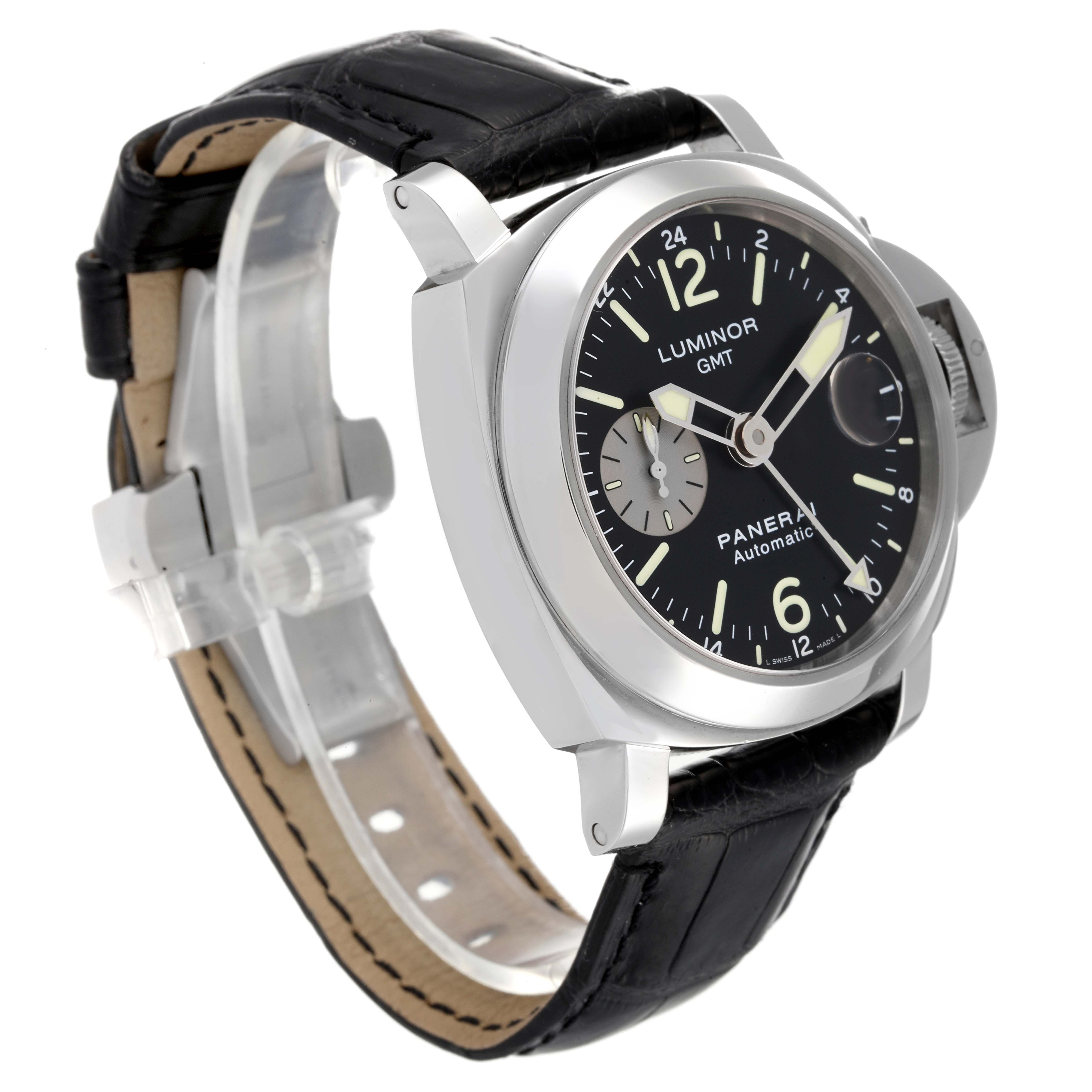 The Panerai Luminor PAM00088 Men
s Stainless Steel Black Dial PAM00088 Men
s Stainless Steel Black Dial GMT watch is shown at a three-quarter angle, highlighting the dial, case, and leather strap.