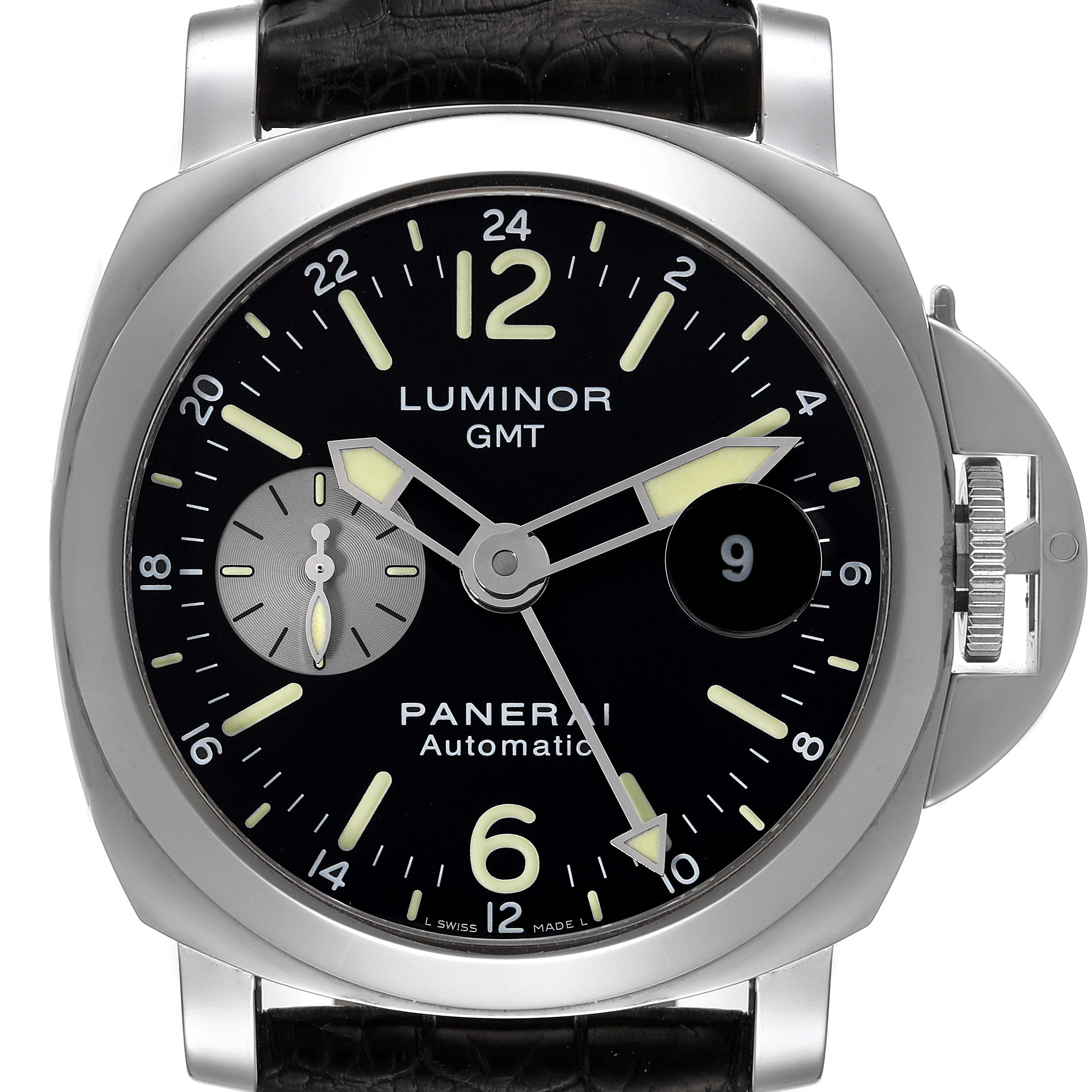 The image shows a front view of a Panerai Luminor PAM00088 Men
s Stainless Steel Black Dial PAM00088 Men
s Stainless Steel Black Dial GMT watch, highlighting the dial, hands, and the crown guard.