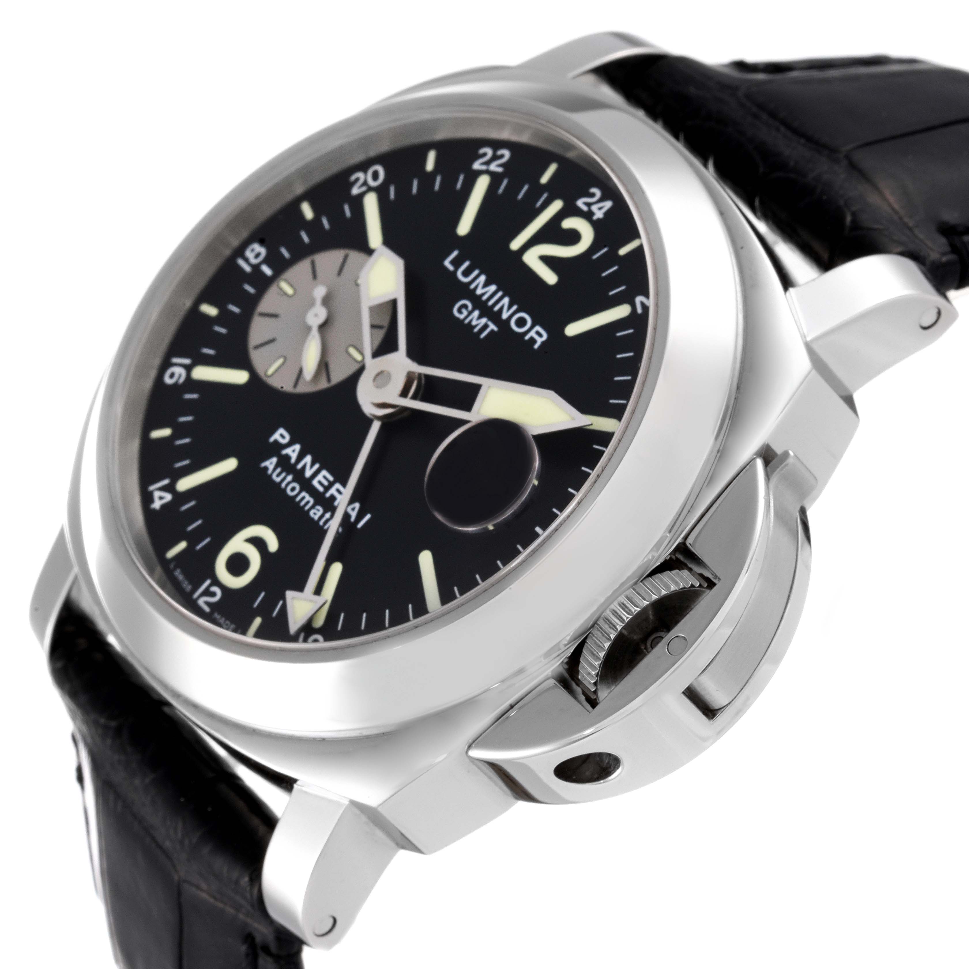 The image shows a Panerai Luminor PAM00088 Men
s Stainless Steel Black Dial PAM00088 Men
s Stainless Steel Black Dial model watch at a slight side angle, highlighting the face, bezel, and crown guard.