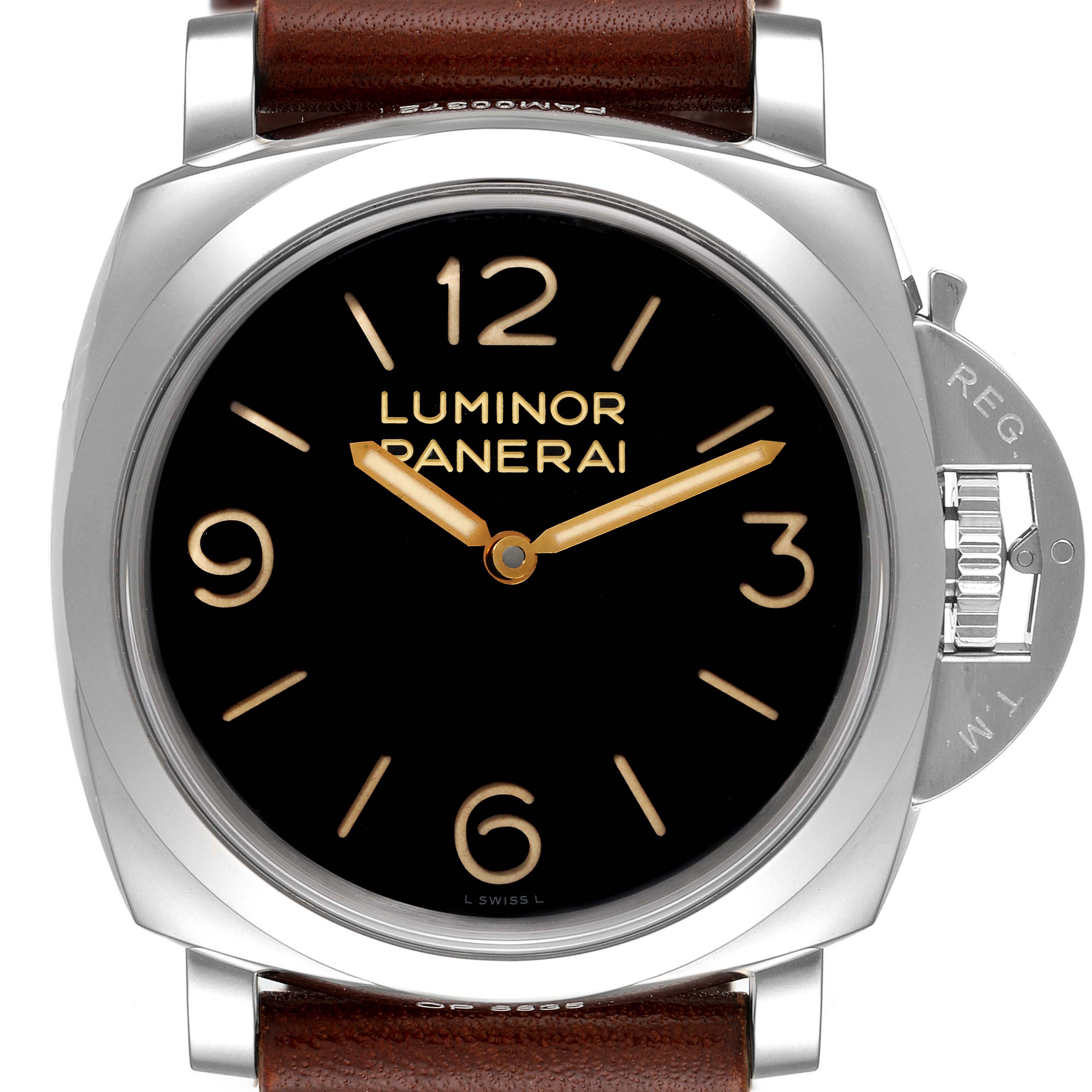 The image shows a front view of the Panerai Luminor PAM00372 Men's Stainless Steel Black Dial PAM00372 Men's Stainless Steel Black Dial watch, displaying its black dial, gold hands, numeral markers, and brown leather strap.