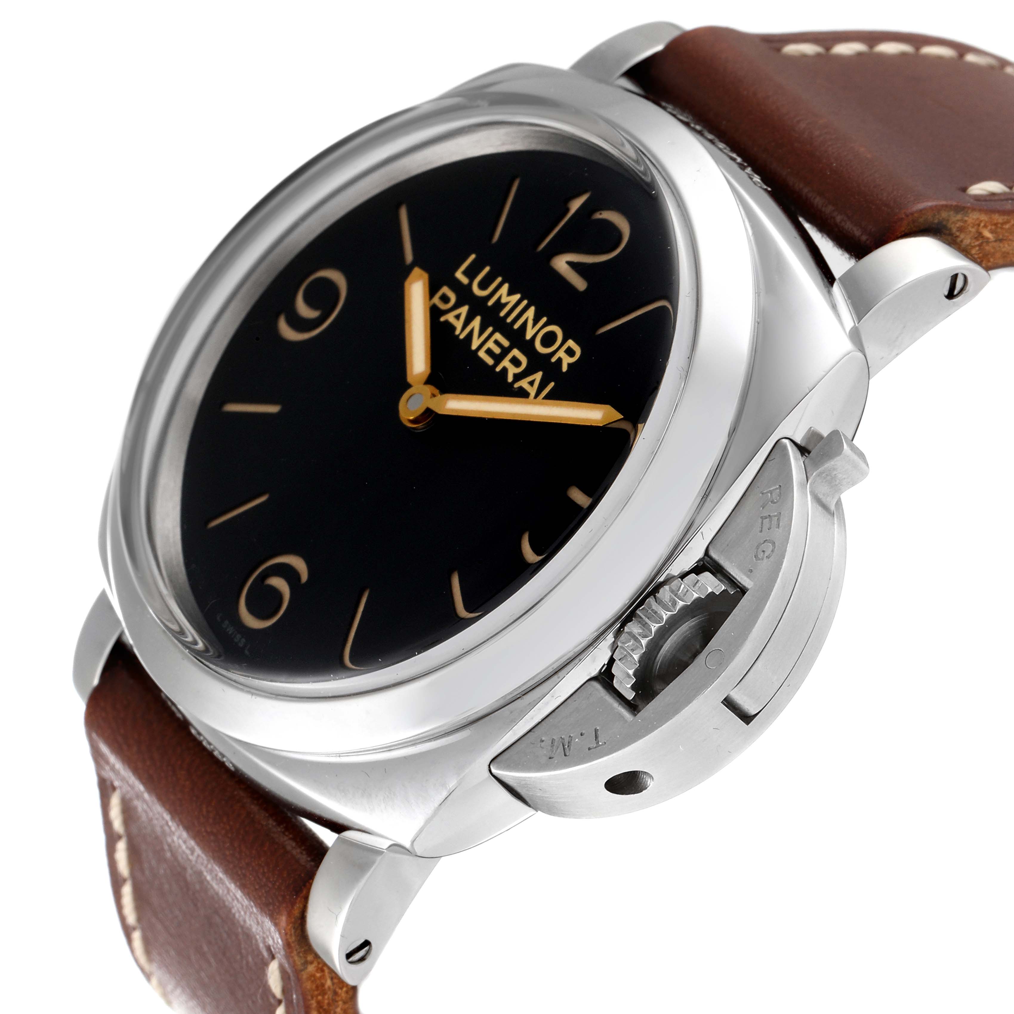 The image shows a side angle of the Panerai Luminor PAM00372 Men's Stainless Steel Black Dial PAM00372 Men's Stainless Steel Black Dial watch, highlighting the dial, crown guard, and brown leather strap.