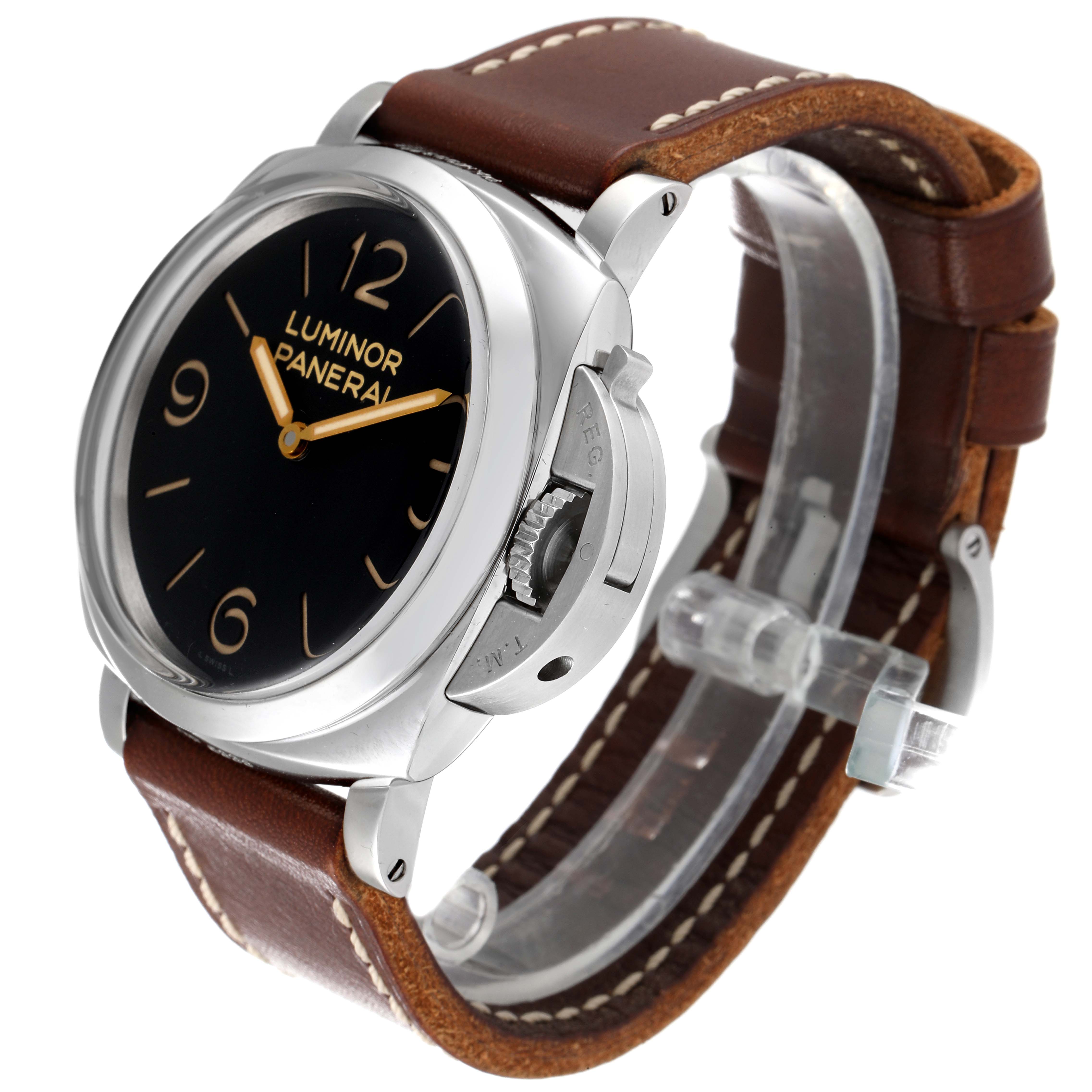 The image shows a Panerai Luminor PAM00372 Men's Stainless Steel Black Dial PAM00372 Men's Stainless Steel Black Dial watch at an angle highlighting the case, crown guard, and brown leather strap.