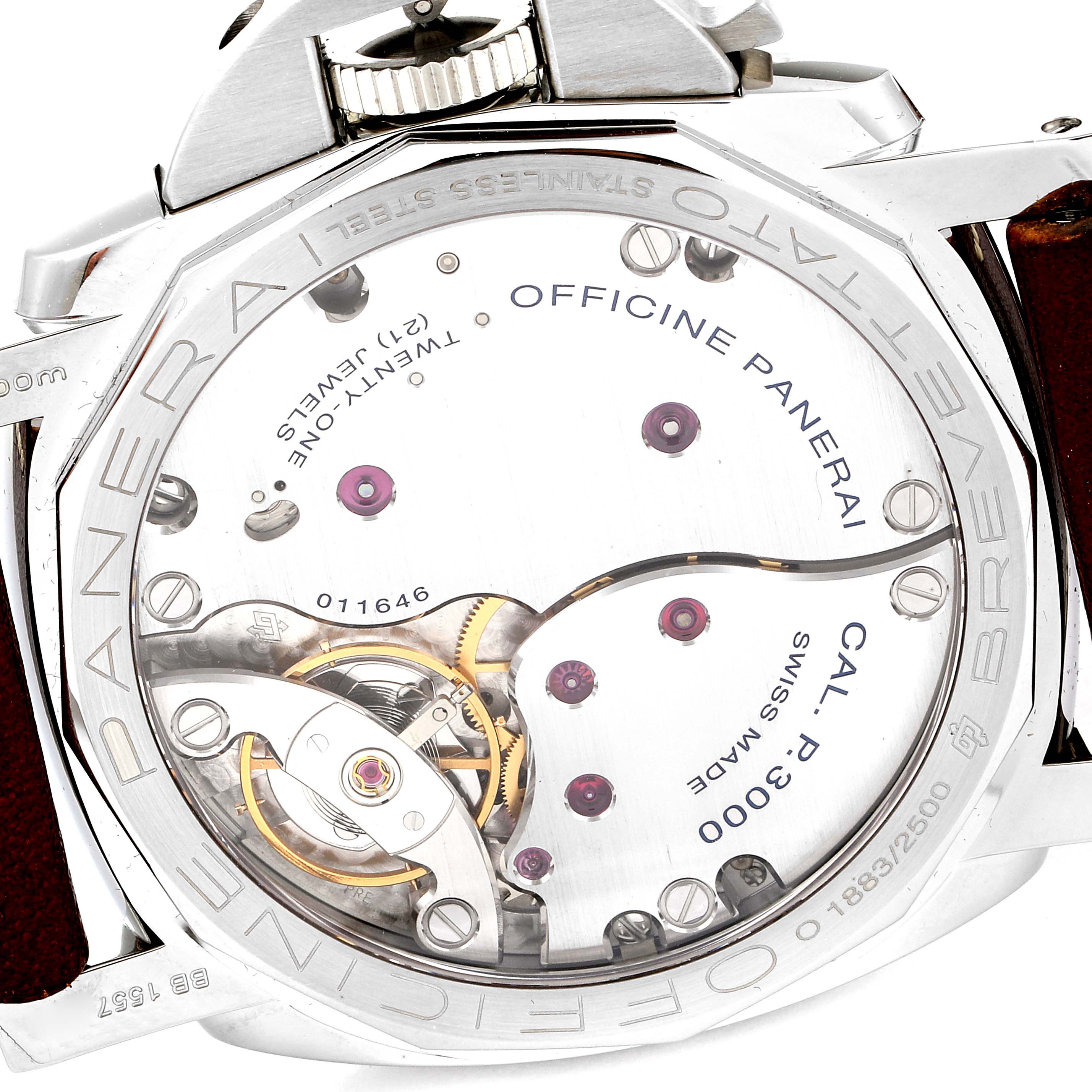 The image shows the back of a Panerai Luminor PAM00372 Men's Stainless Steel Black Dial PAM00372 Men's Stainless Steel Black Dial watch, highlighting its internal mechanics and movement components.