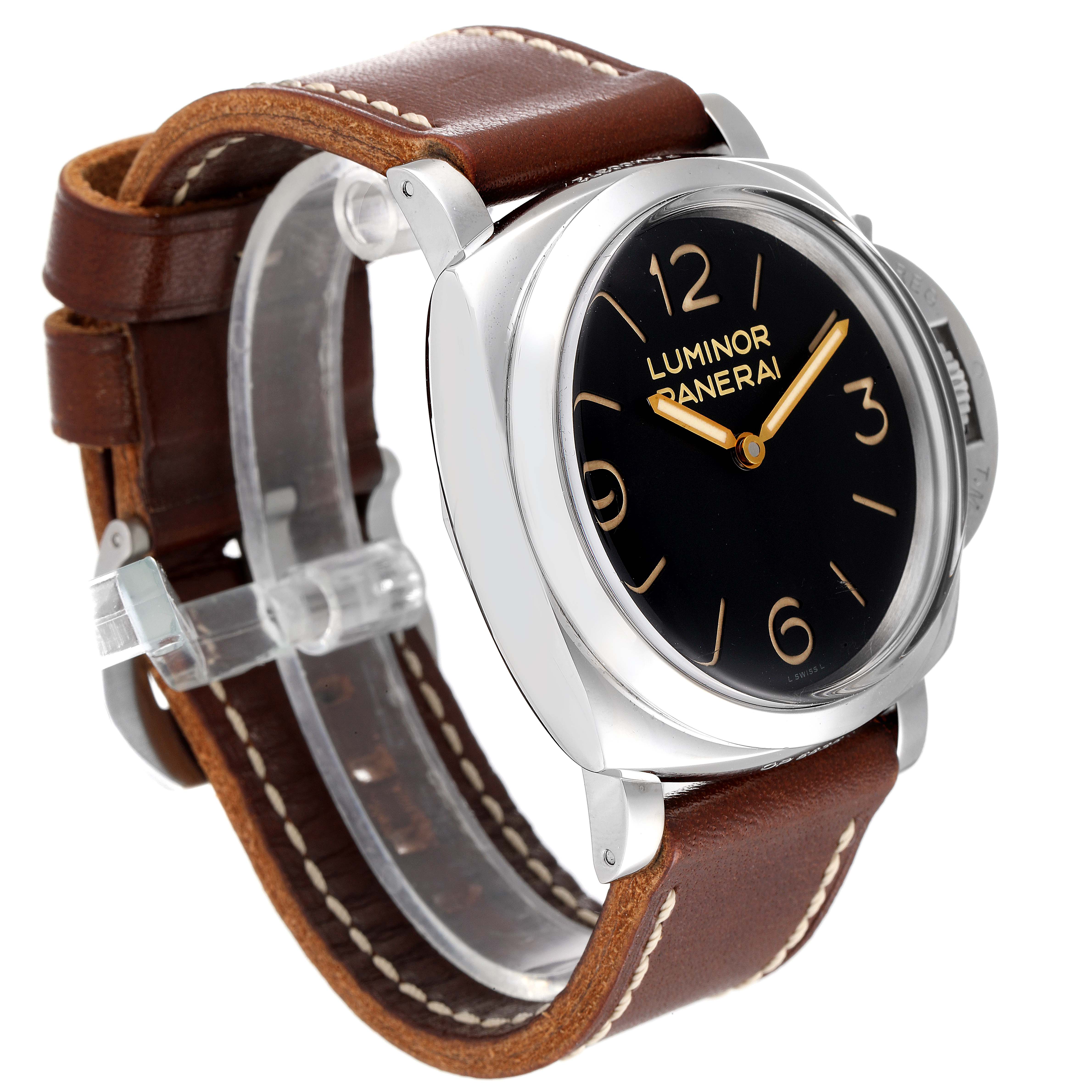 The image shows a Panerai Luminor PAM00372 Men's Stainless Steel Black Dial PAM00372 Men's Stainless Steel Black Dial watch from a front angled view, highlighting its brown leather strap and black dial.